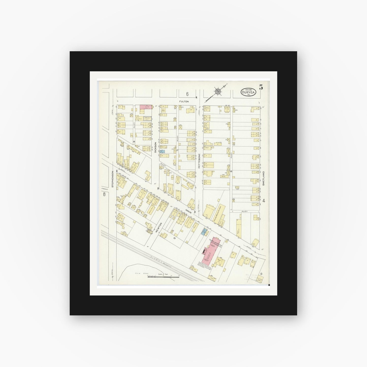 Old map wall art mockup — black gallery frame with white mat — Sanborn Fire Insurance Map from Duryea, Luzerne County, Pennsylvania (1914), Sheet #0005