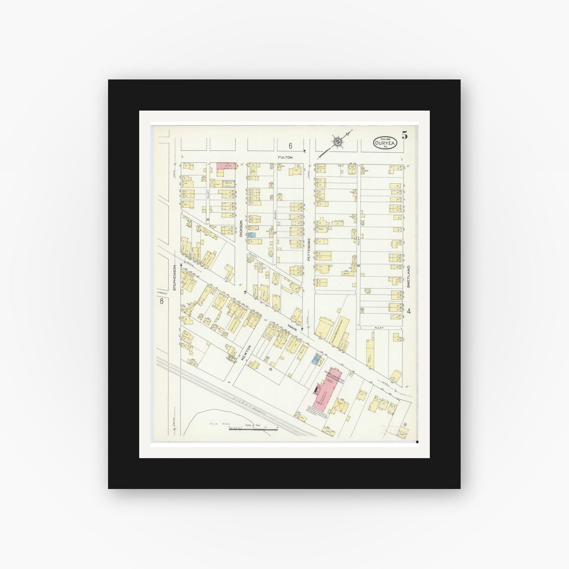 Old map wall art mockup — black gallery frame with white mat — Sanborn Fire Insurance Map from Duryea, Luzerne County, Pennsylvania (1914), Sheet #0005