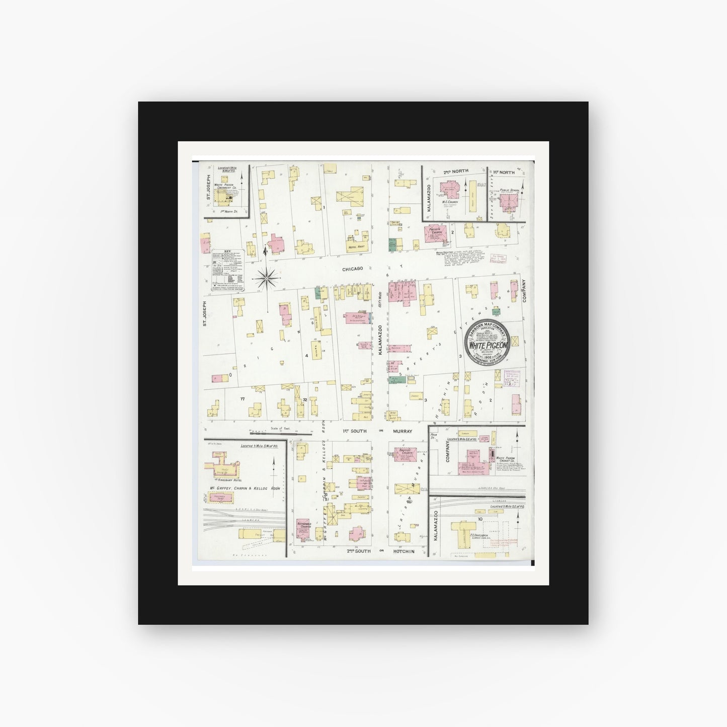 Old map wall art mockup — black gallery frame with white mat — Sanborn Fire Insurance Map from White Pigeon, Saint Joseph County, Michigan (1908), Sheet #0001