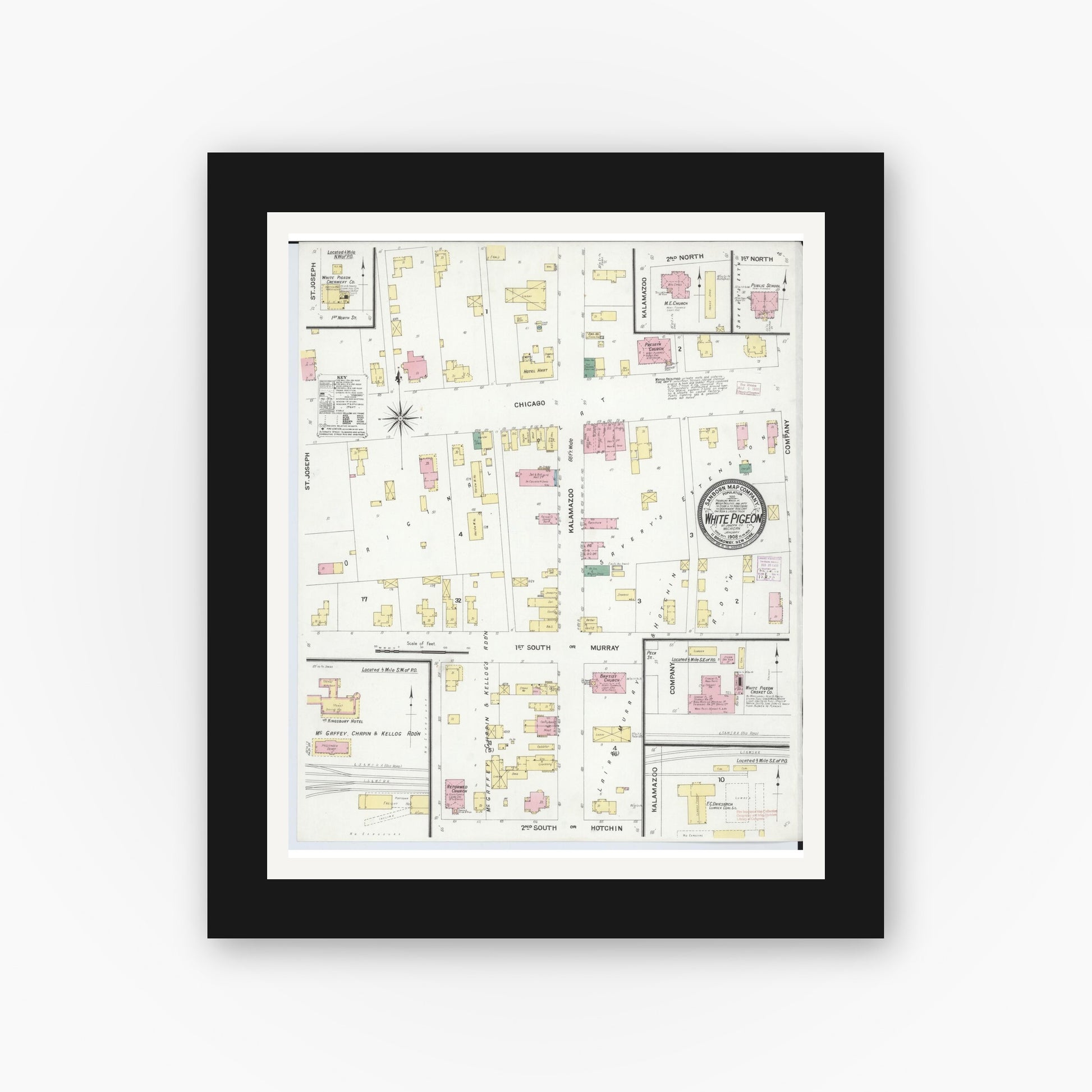 Old map wall art mockup — black gallery frame with white mat — Sanborn Fire Insurance Map from White Pigeon, Saint Joseph County, Michigan (1908), Sheet #0001
