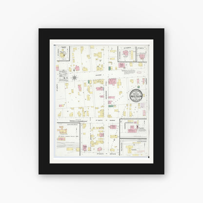 Old map wall art mockup — black gallery frame with white mat — Sanborn Fire Insurance Map from White Pigeon, Saint Joseph County, Michigan (1908), Sheet #0001