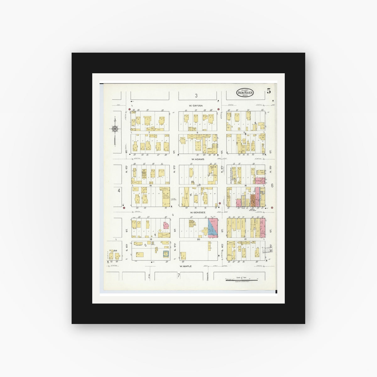 Old map wall art mockup — black gallery frame with white mat — Sanborn Fire Insurance Map from Iron River, Iron County, Michigan (1917), Sheet #0005