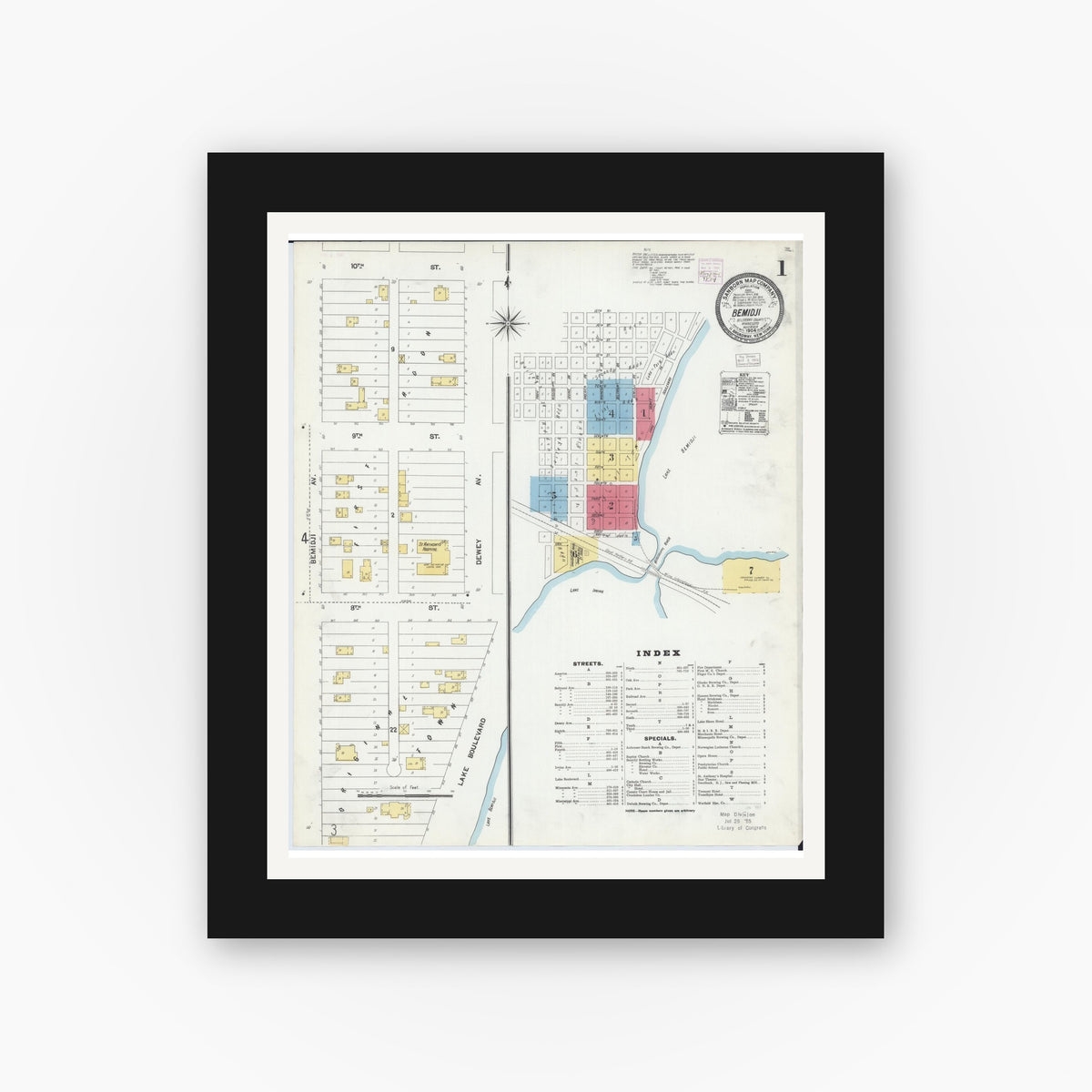 Old map wall art mockup — black gallery frame with white mat — Sanborn Fire Insurance Map from Bemidji, Beltrami County, Minnesota (1904) - Complete Map Set