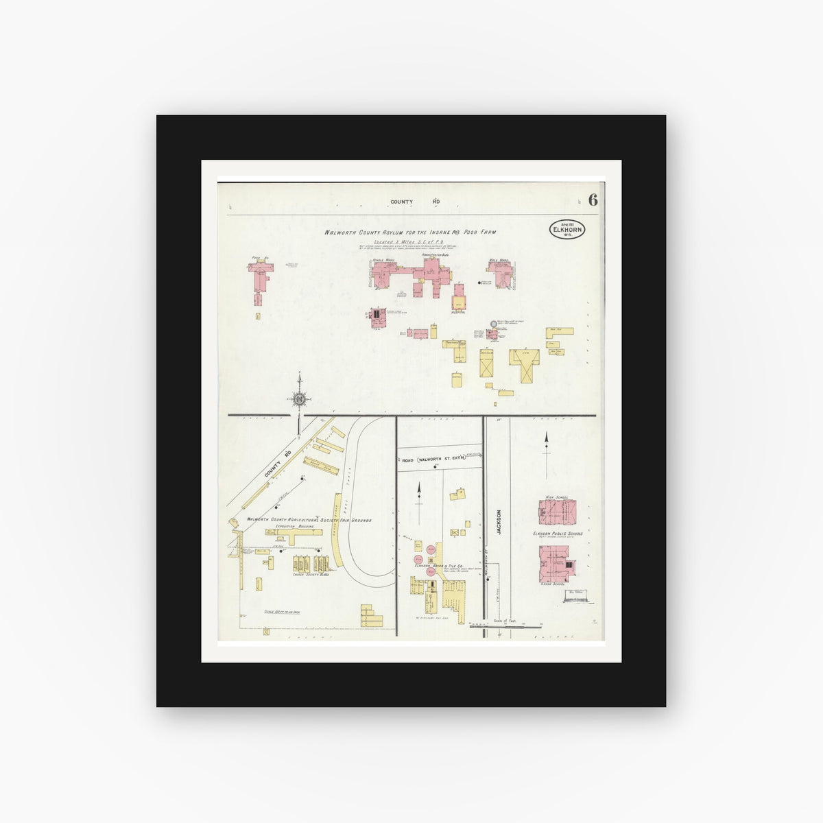 Old map wall art mockup — black gallery frame with white mat — Sanborn Fire Insurance Map from Elkhorn, Walworth County, Wisconsin (1911), Sheet #0006