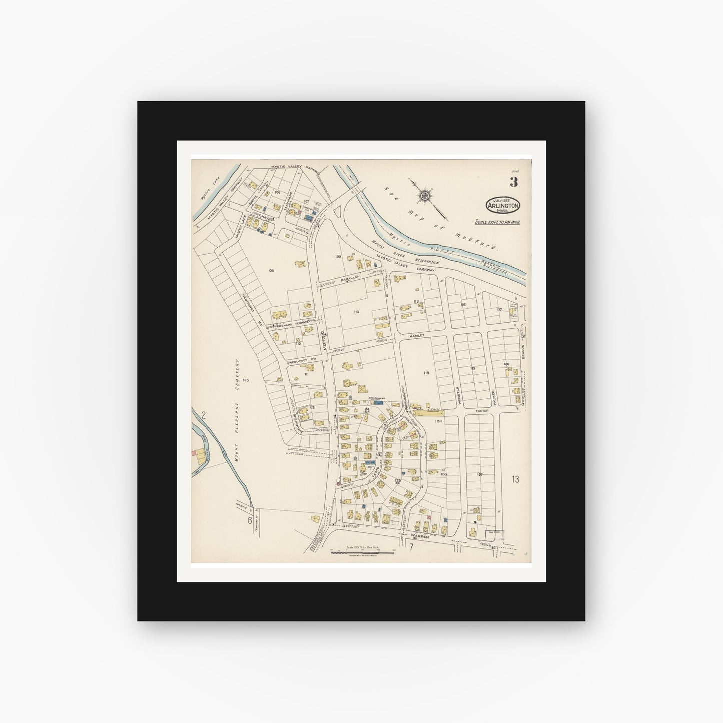 Old map wall art mockup — black gallery frame with white mat — Sanborn Fire Insurance Map from Arlington, Middlesex County, Massachusetts (1922), Sheet #0003