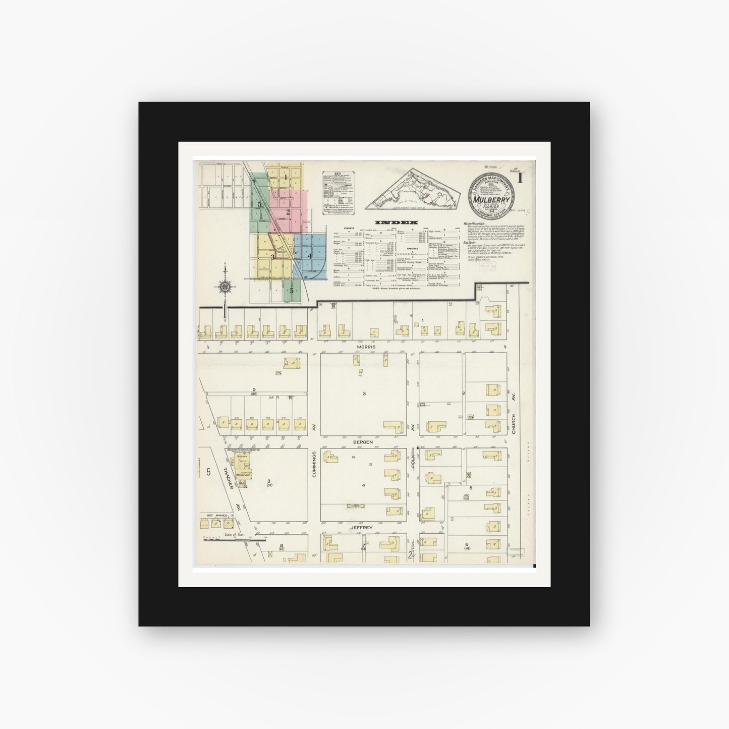 Old map wall art mockup — black gallery frame with white mat — Sanborn Fire Insurance Map from Mulberry, Polk County, Florida (1914) - Complete Map Set