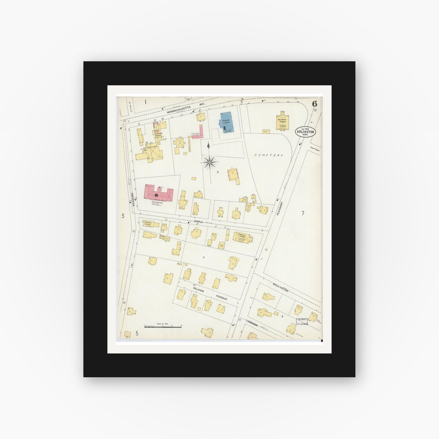 Old map wall art mockup — black gallery frame with white mat — Sanborn Fire Insurance Map from Arlington, Middlesex County, Massachusetts (1903), Sheet #0006