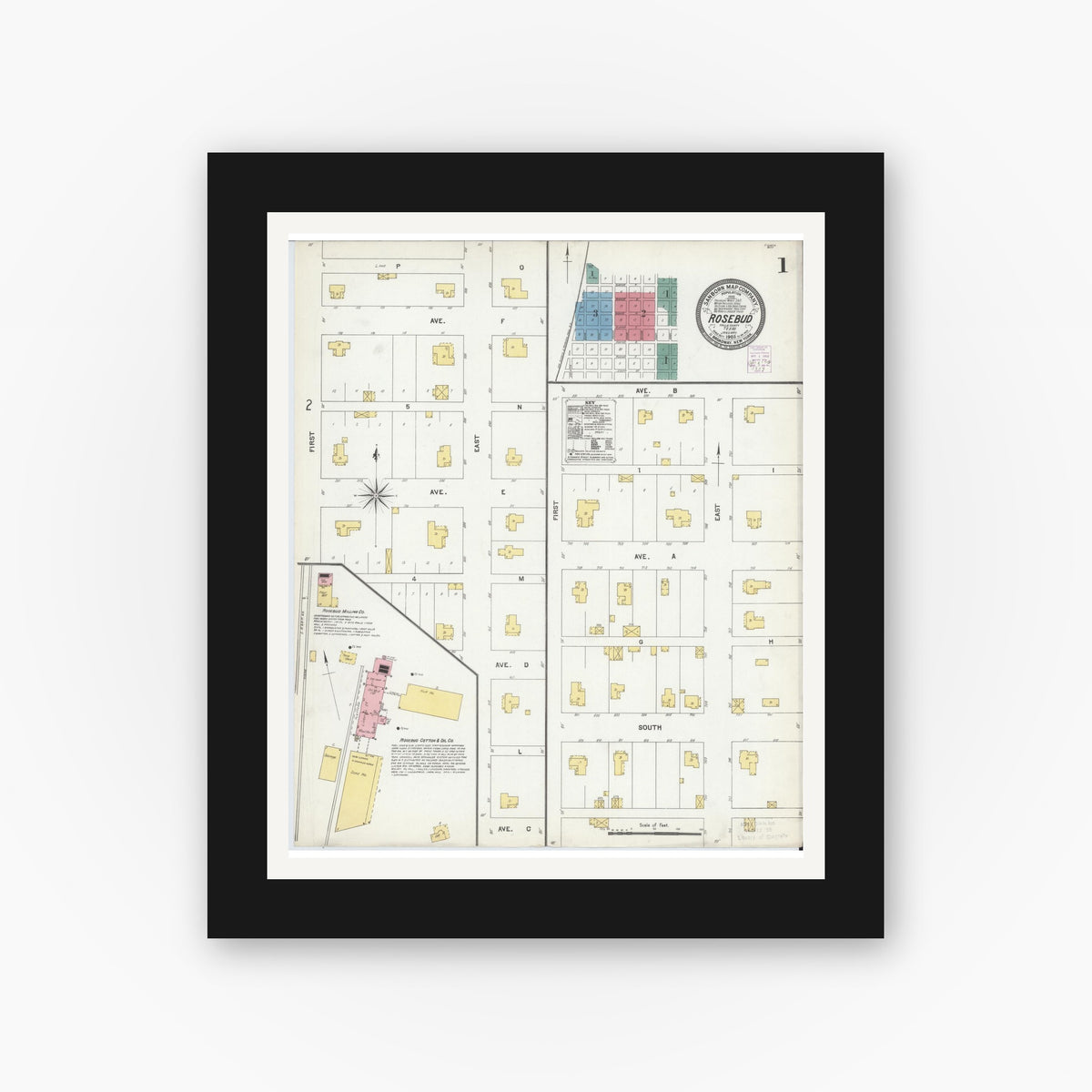 Old map wall art mockup — black gallery frame with white mat — Sanborn Fire Insurance Map from Rosebud, Falls County, Texas (1903) - Complete Map Set