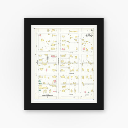 Old map wall art mockup — black gallery frame with white mat — Sanborn Fire Insurance Map from Mount Pleasant, Henry County, Iowa (1899), Sheet #0009