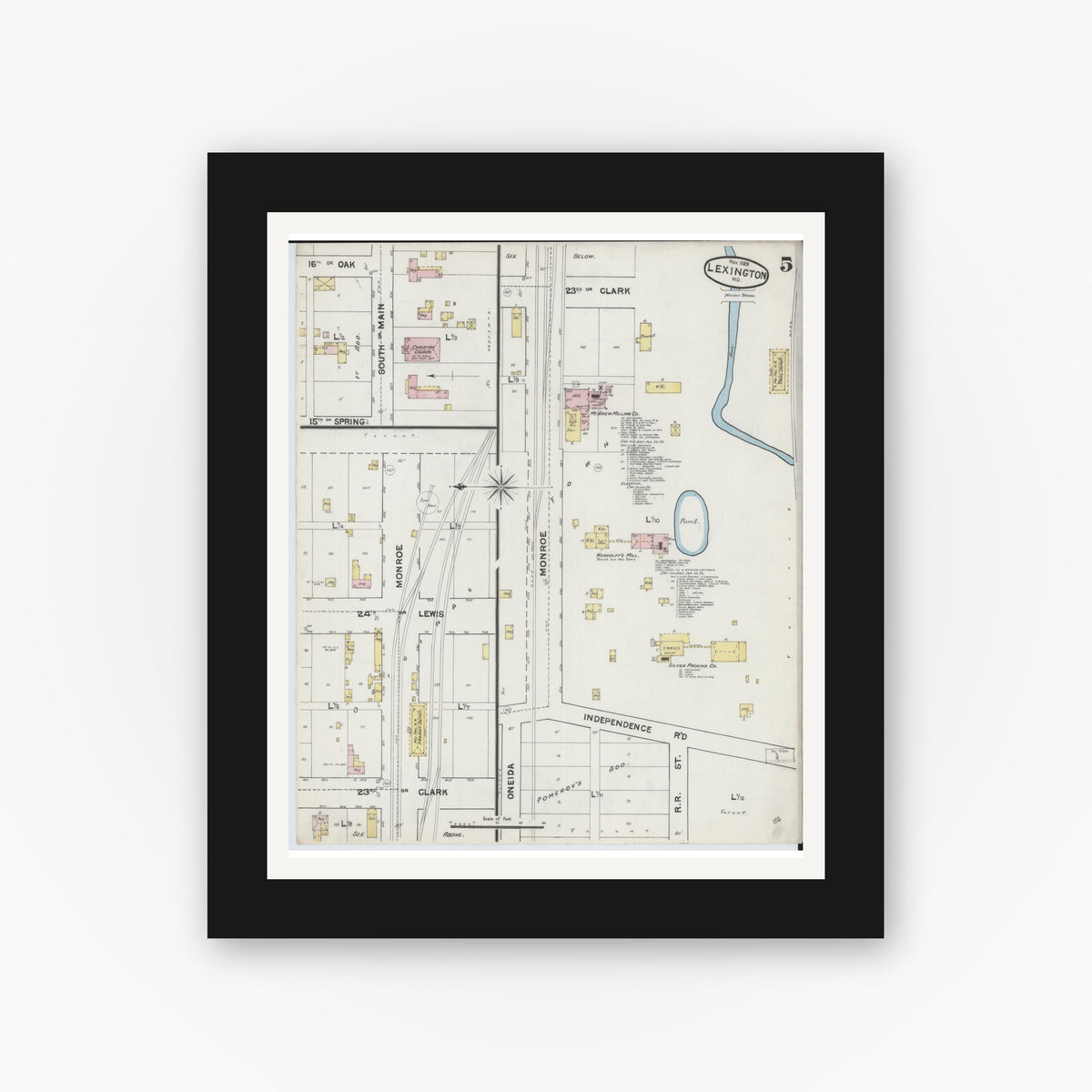 Old map wall art mockup — black gallery frame with white mat — Sanborn Fire Insurance Map from Lexington, Lafayette County, Missouri (1889), Sheet #0005