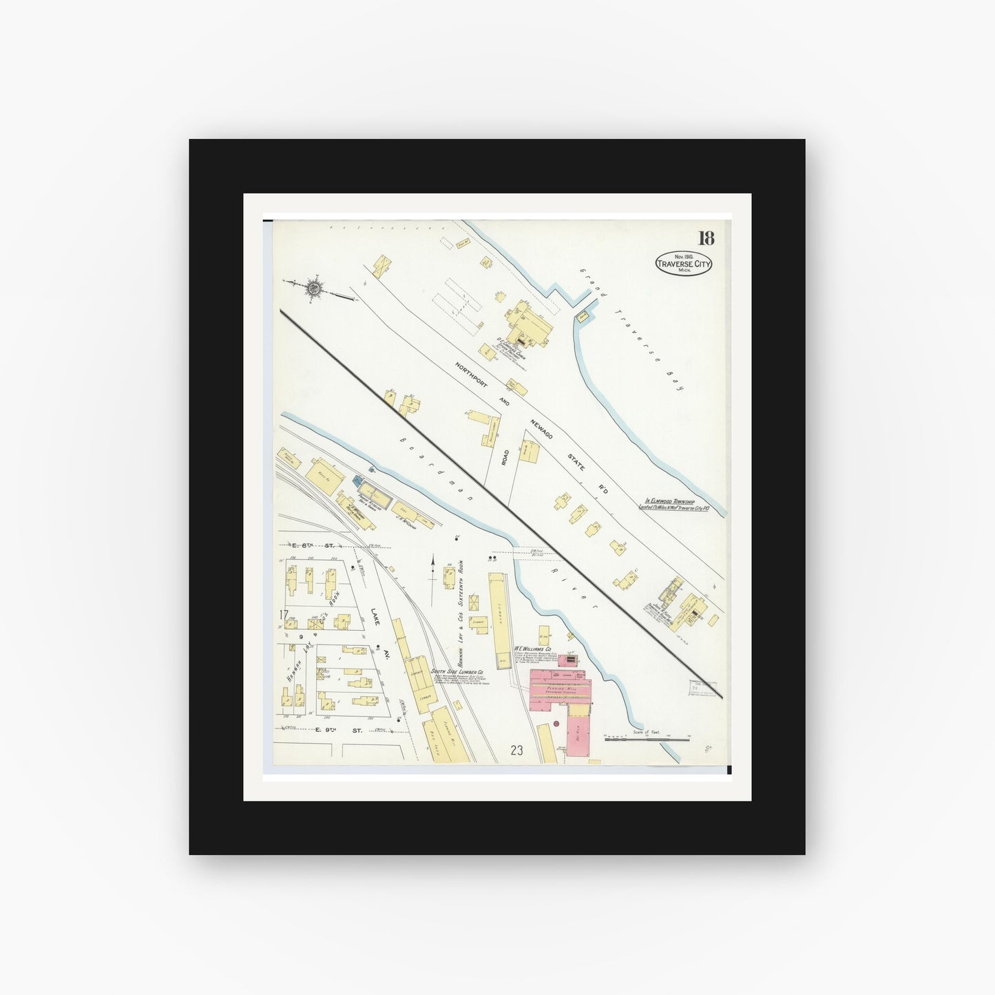 Old map wall art mockup — black gallery frame with white mat — Sanborn Fire Insurance Map from Traverse City, Grand Traverse County, Michigan (1910), Sheet #0018