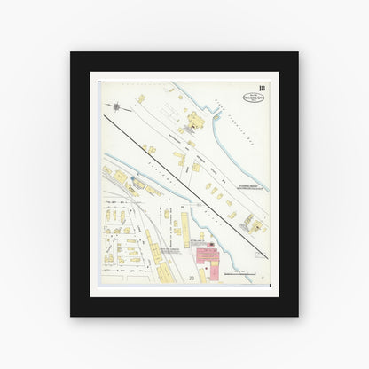 Old map wall art mockup — black gallery frame with white mat — Sanborn Fire Insurance Map from Traverse City, Grand Traverse County, Michigan (1910), Sheet #0018