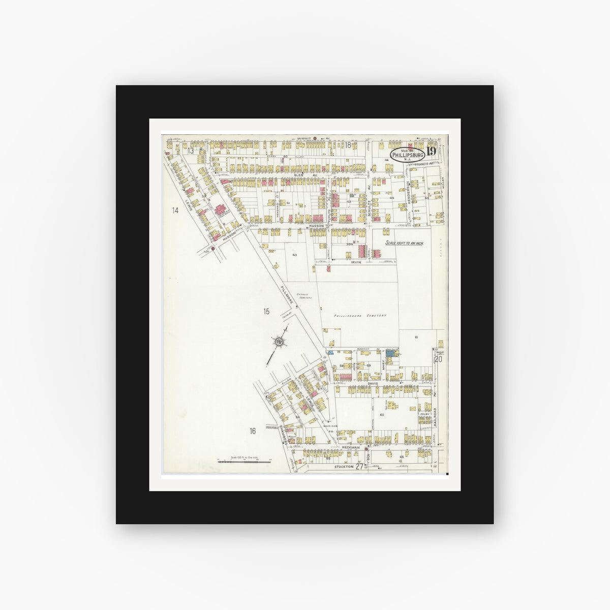 Old map wall art mockup — black gallery frame with white mat — Sanborn Fire Insurance Map from Phillipsburg, Warren County, New Jersey (1916), Sheet #0019