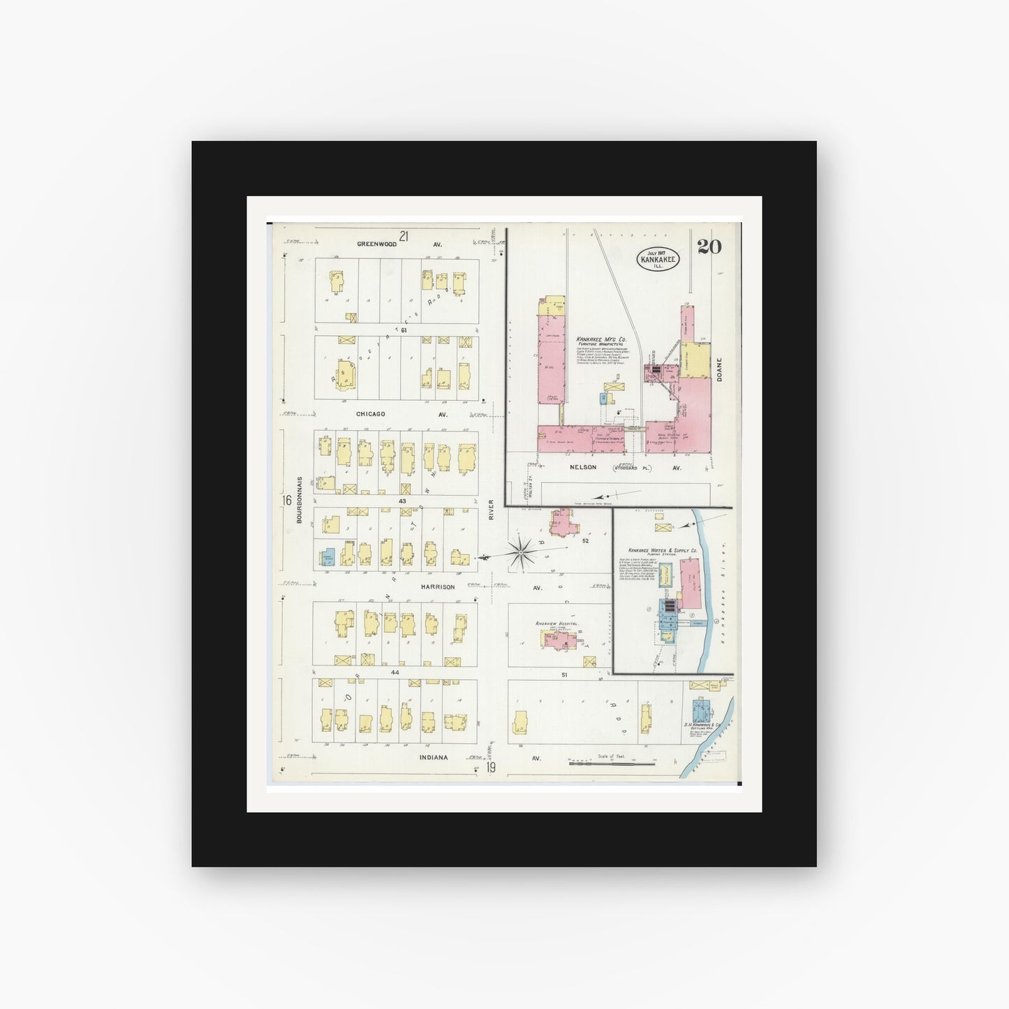 Old map wall art mockup — black gallery frame with white mat — Sanborn Fire Insurance Map from Kankakee, Kankakee County, Illinois (1907), Sheet #0020