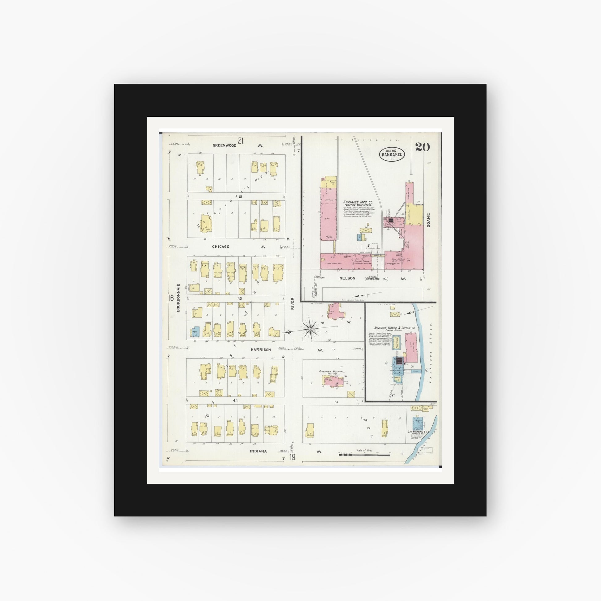 Old map wall art mockup — black gallery frame with white mat — Sanborn Fire Insurance Map from Kankakee, Kankakee County, Illinois (1907), Sheet #0020