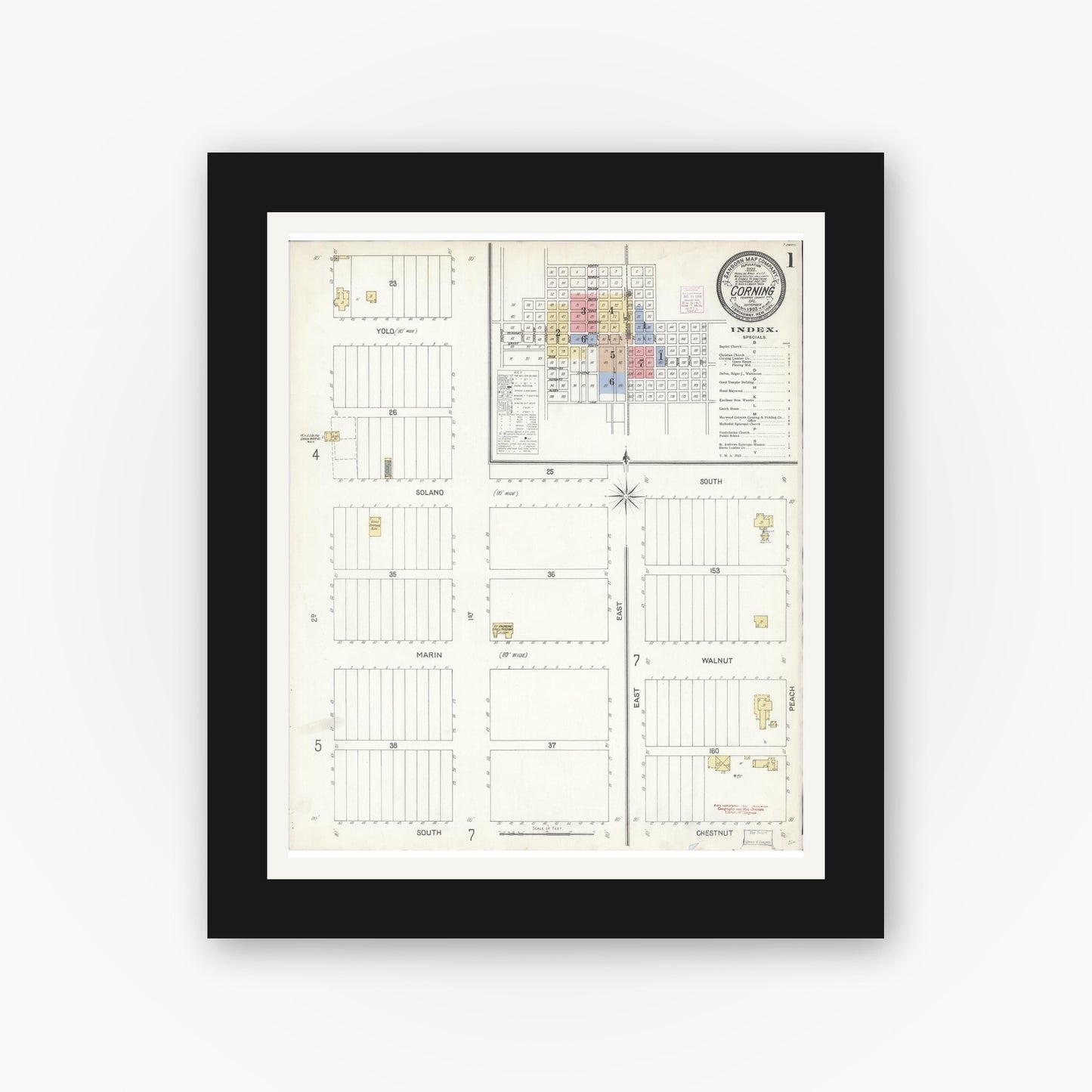Old map wall art mockup — black gallery frame with white mat — Sanborn Fire Insurance Map from Corning, Tehama County, California (1903) - Complete Map Set
