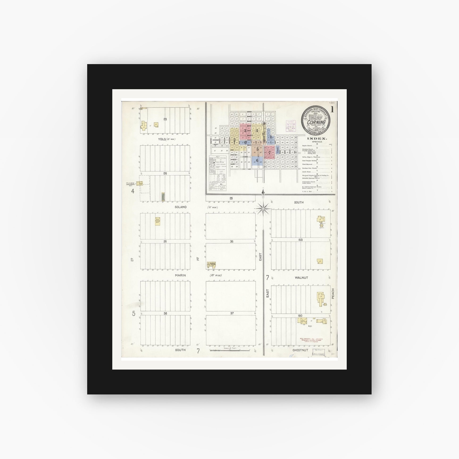 Old map wall art mockup — black gallery frame with white mat — Sanborn Fire Insurance Map from Corning, Tehama County, California (1903) - Complete Map Set