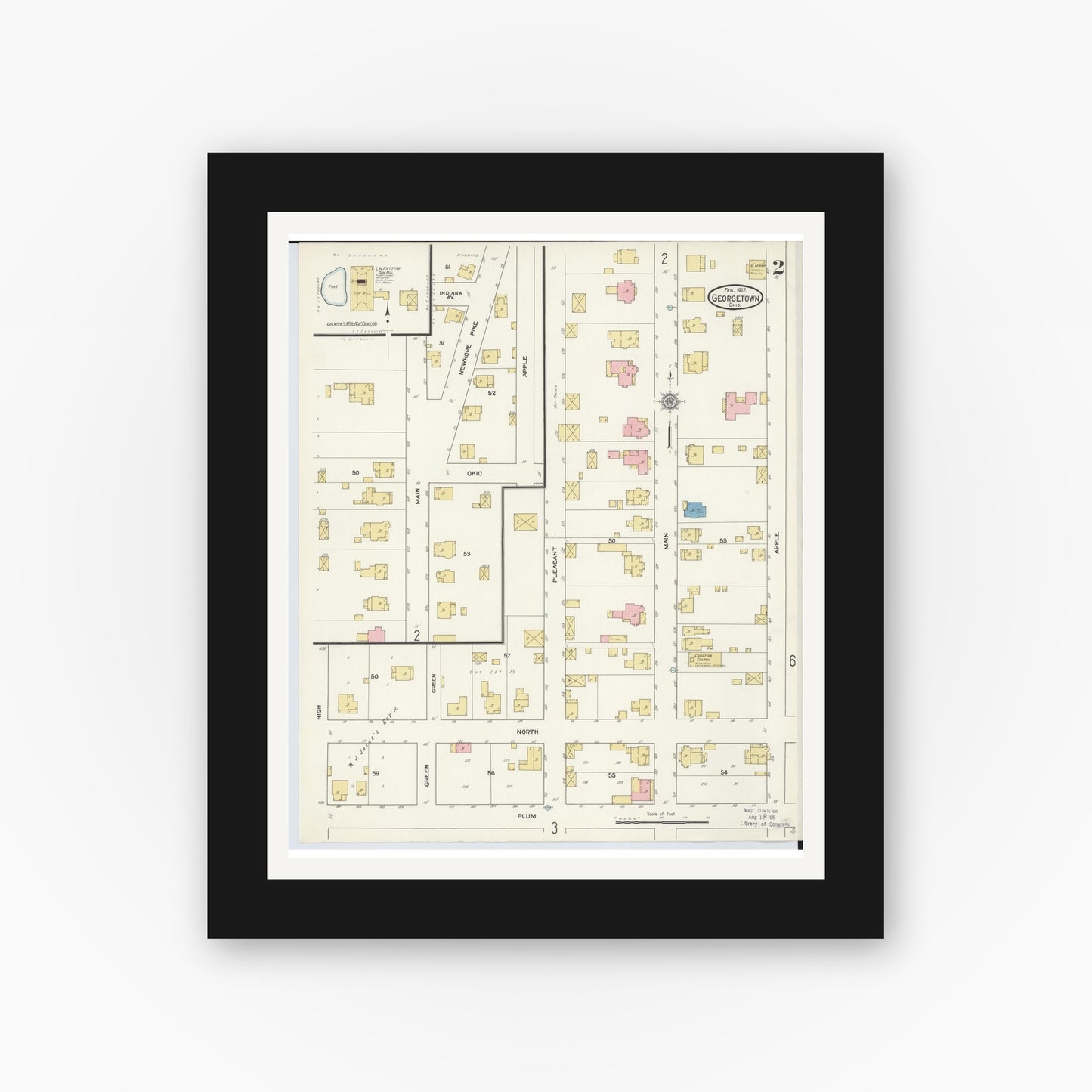 Old map wall art mockup — black gallery frame with white mat — Sanborn Fire Insurance Map from Georgetown, Brown County, Ohio (1912), Sheet #0002