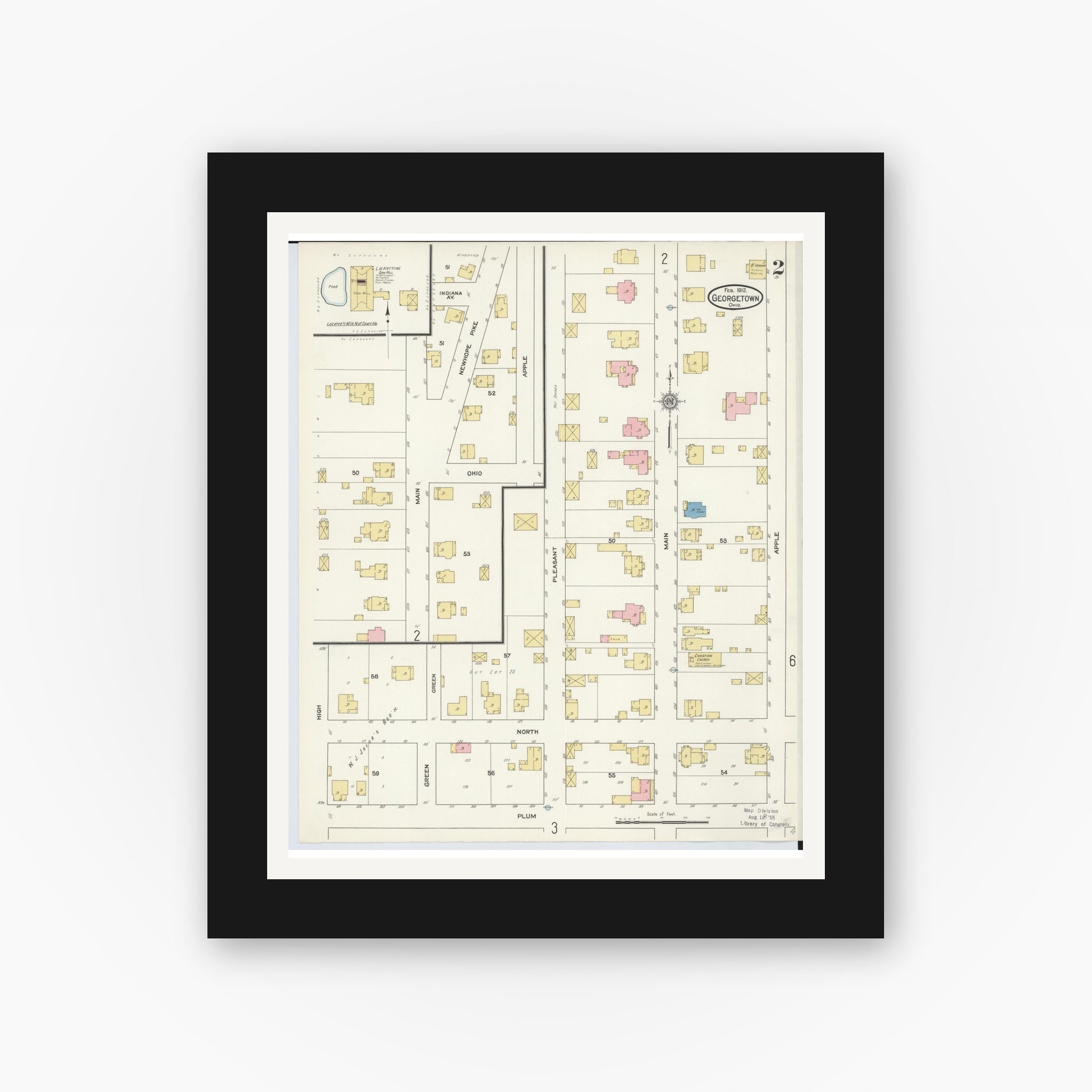 Old map wall art mockup — black gallery frame with white mat — Sanborn Fire Insurance Map from Georgetown, Brown County, Ohio (1912), Sheet #0002