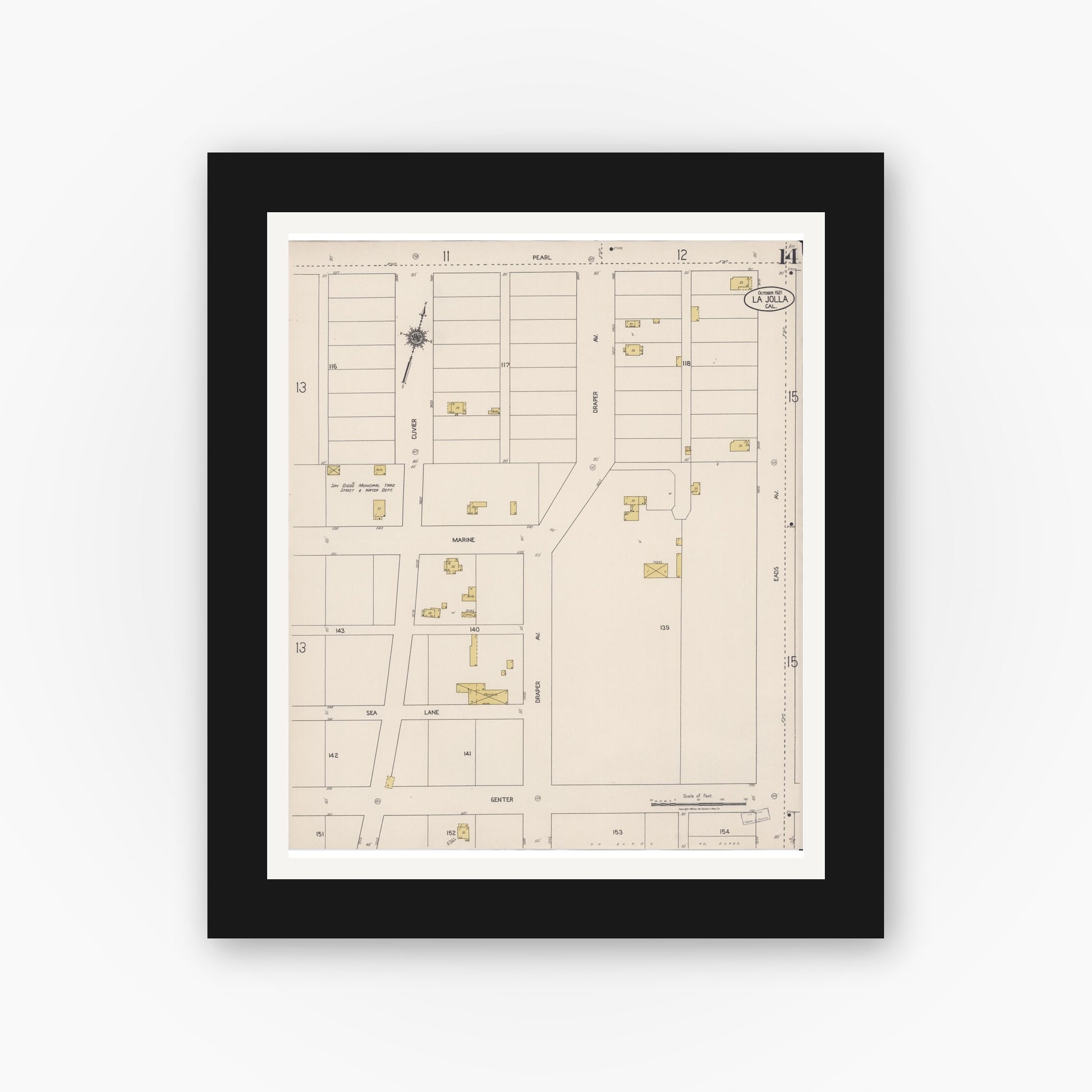 Old map wall art mockup — black gallery frame with white mat — Sanborn Fire Insurance Map from La Jolla, San Diego County, California (1921), Sheet #0014