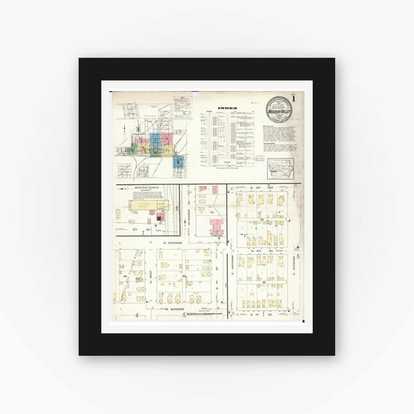 Old map wall art mockup — black gallery frame with white mat — Sanborn Fire Insurance Map from Missouri Valley, Harrison County, Iowa (1913) - Complete Map Set