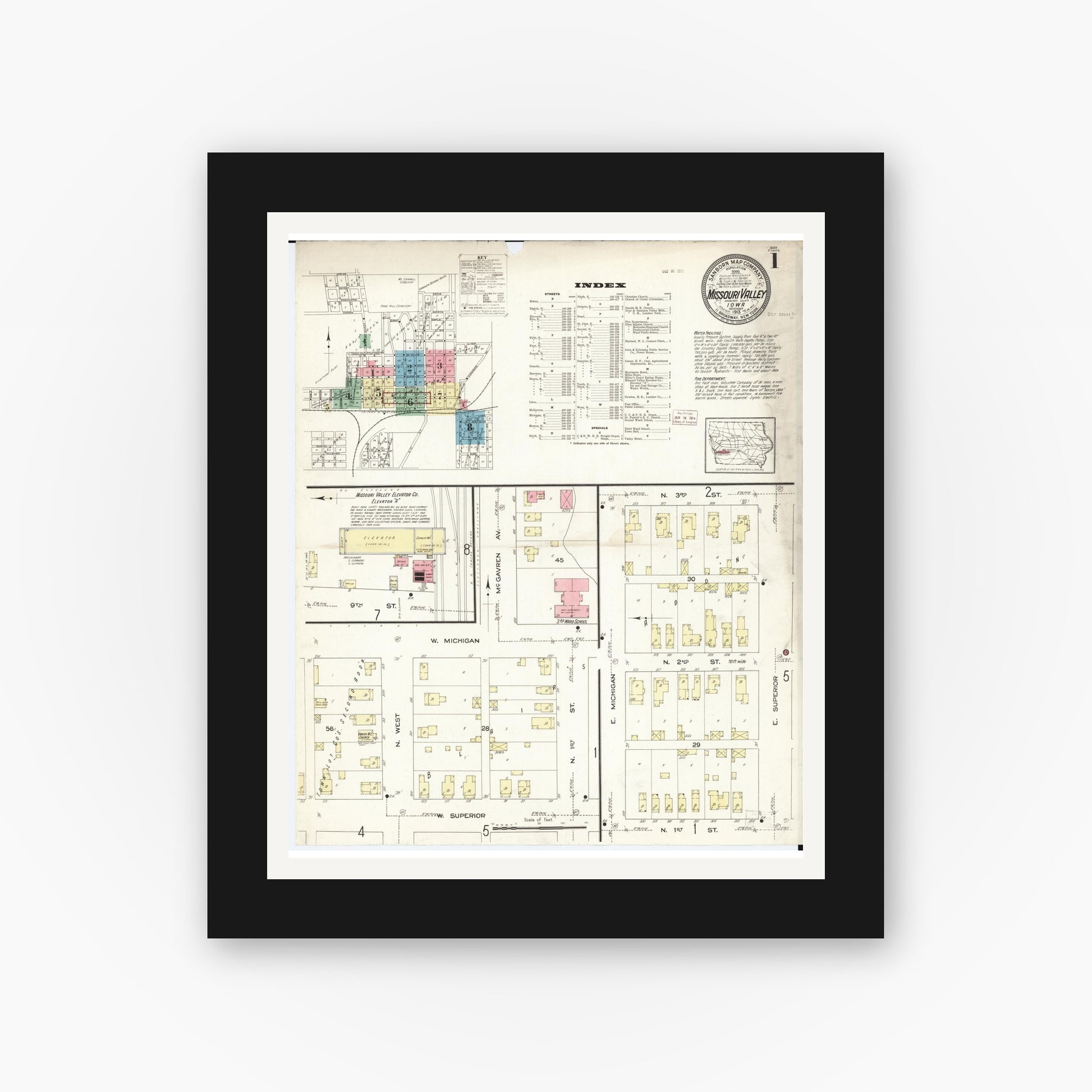 Old map wall art mockup — black gallery frame with white mat — Sanborn Fire Insurance Map from Missouri Valley, Harrison County, Iowa (1913) - Complete Map Set