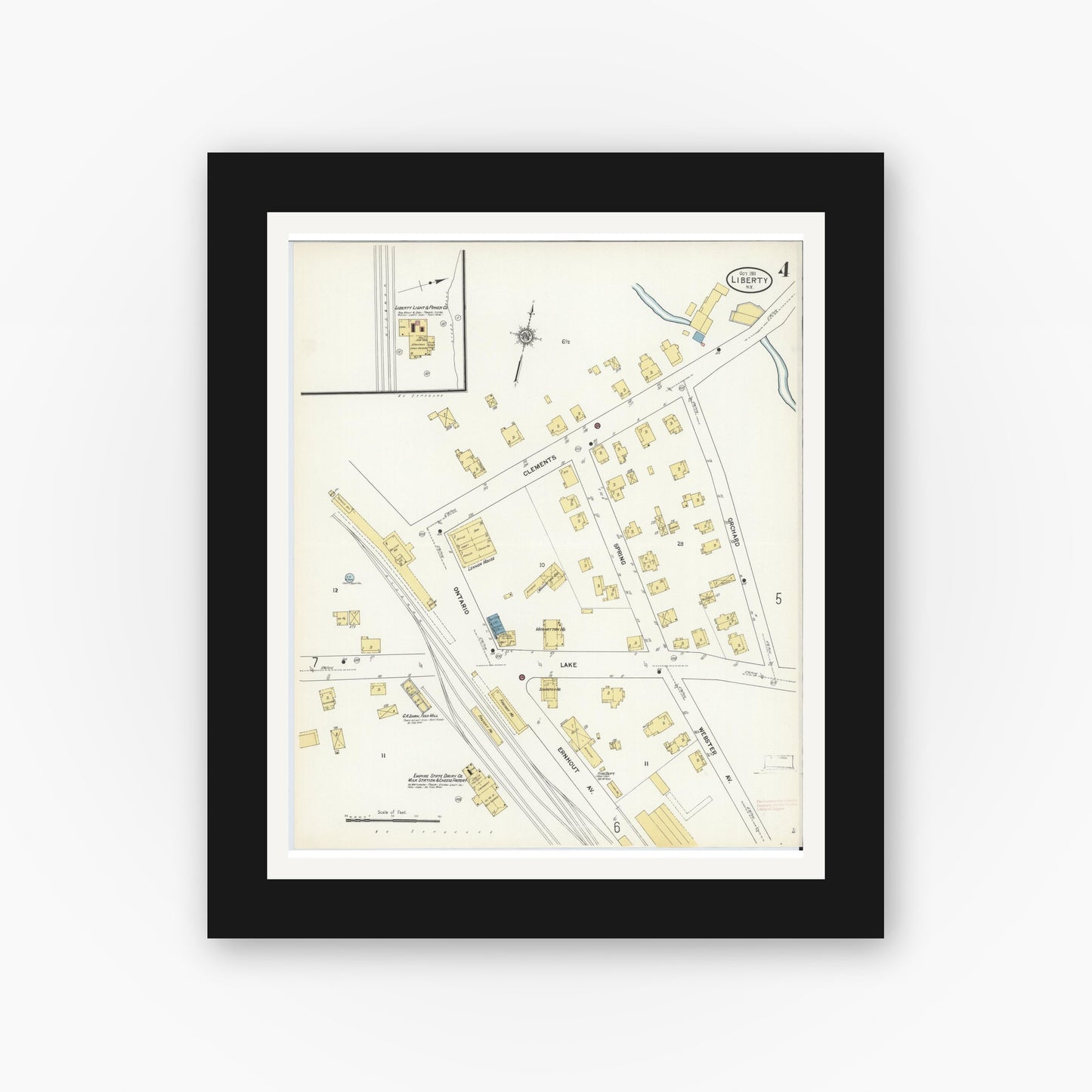 Old map wall art mockup — black gallery frame with white mat — Sanborn Fire Insurance Map from Liberty, Sullivan County, New York (1911), Sheet #0004