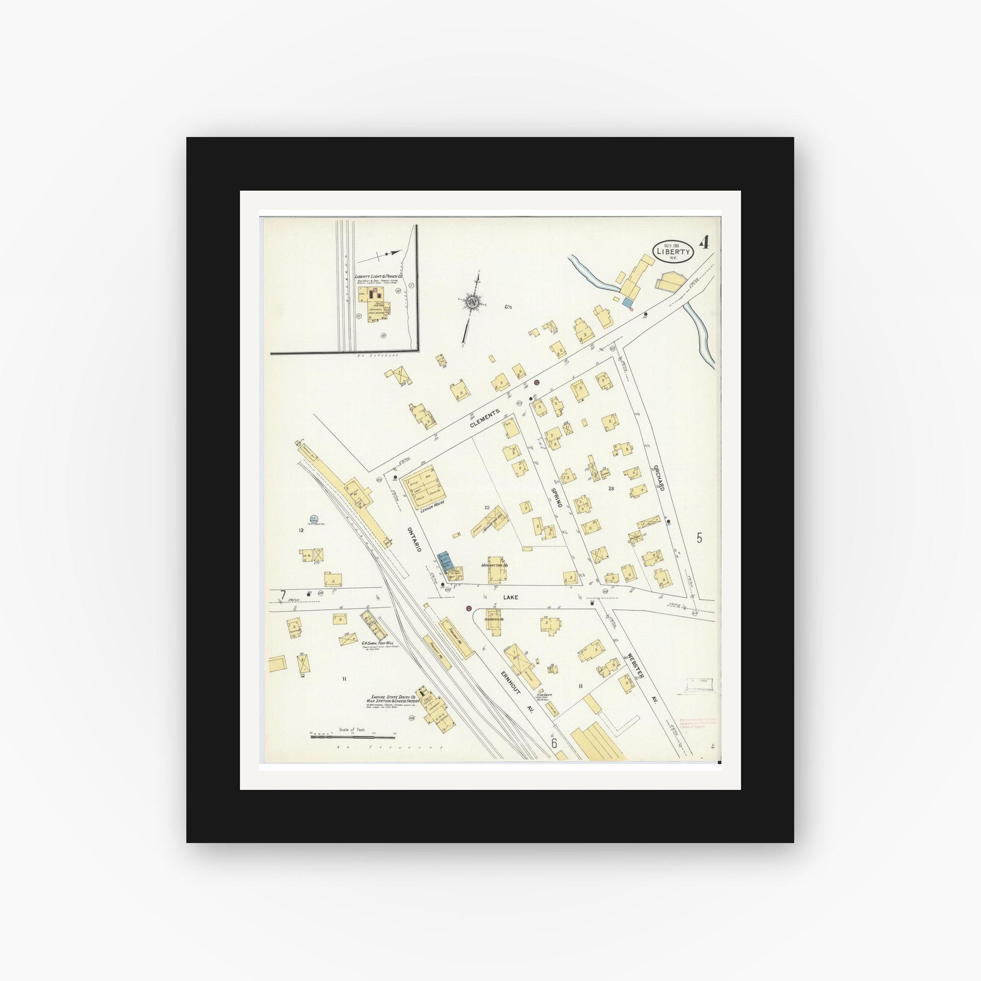 Old map wall art mockup — black gallery frame with white mat — Sanborn Fire Insurance Map from Liberty, Sullivan County, New York (1911), Sheet #0004