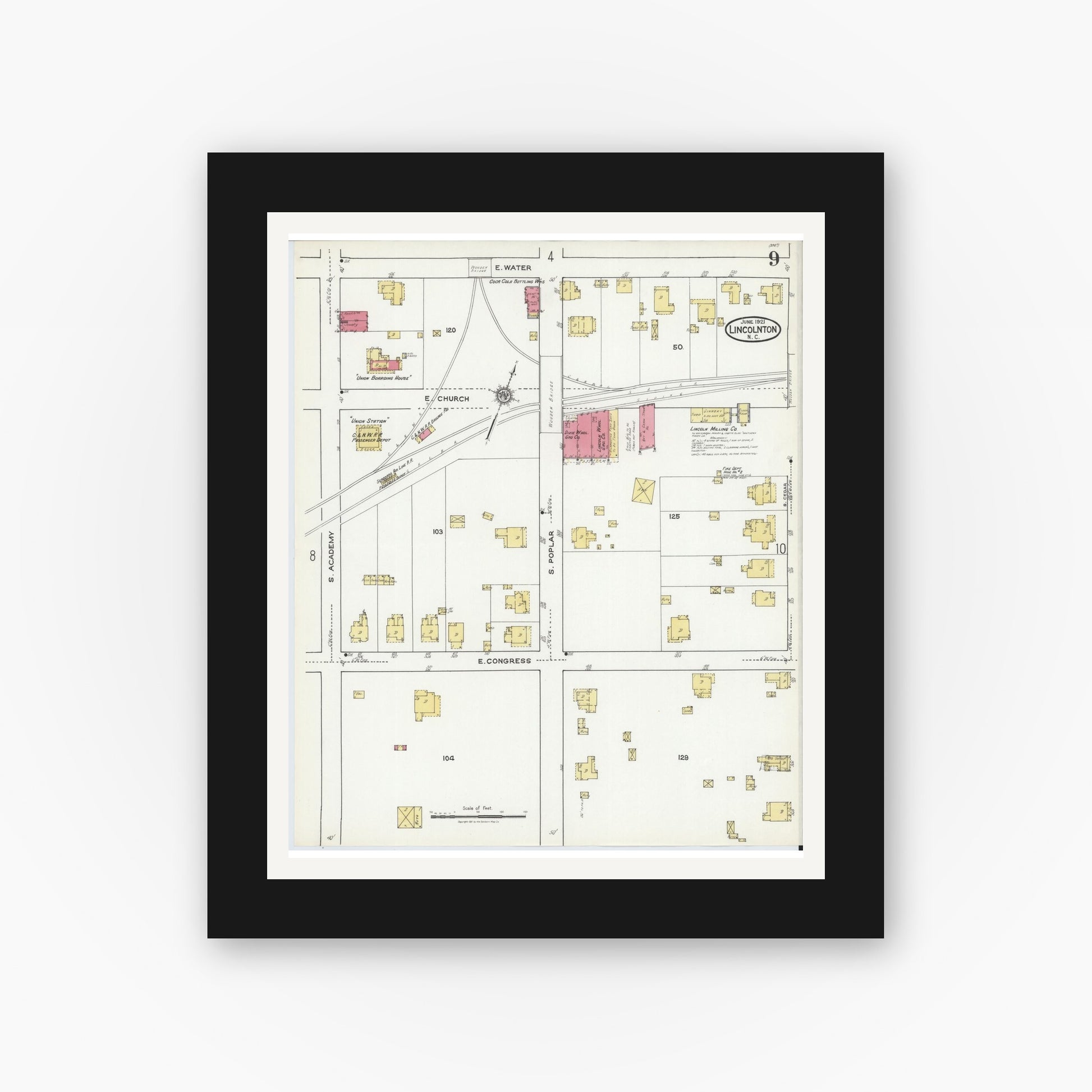 Old map wall art mockup — black gallery frame with white mat — Sanborn Fire Insurance Map from Lincolnton, Lincoln County, North Carolina (1921), Sheet #0009