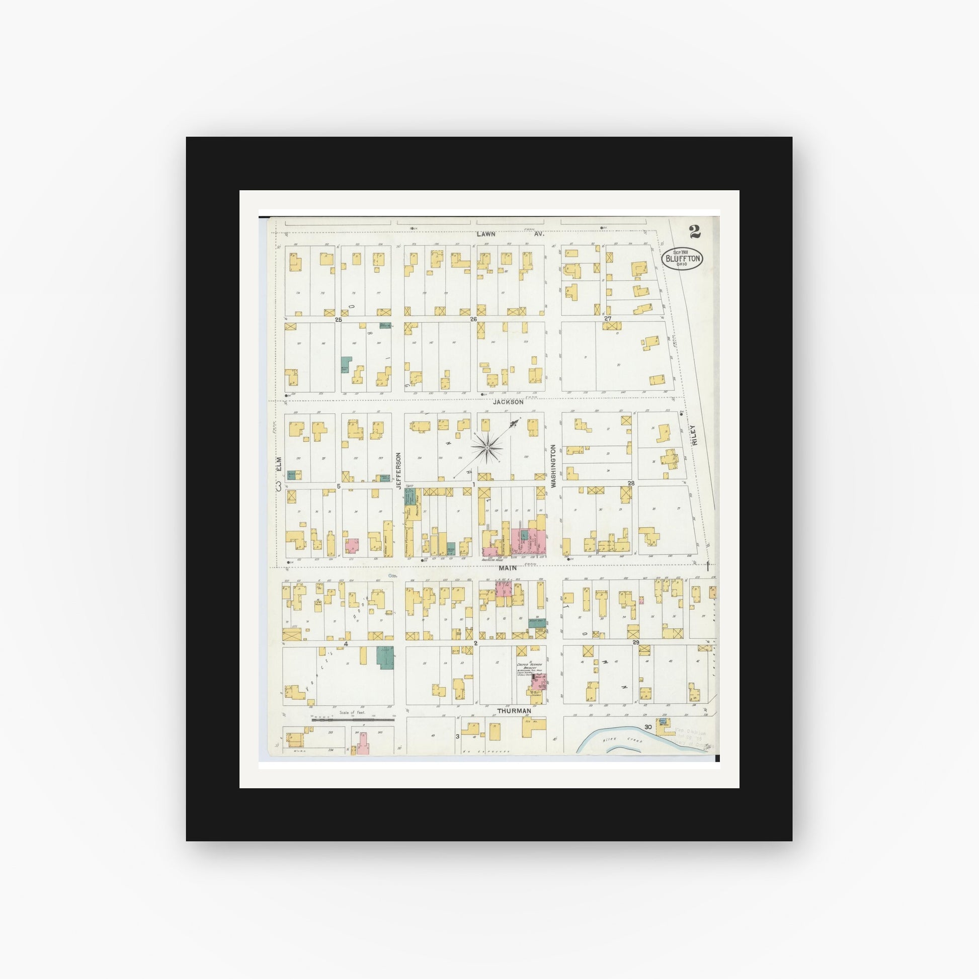 Old map wall art mockup — black gallery frame with white mat — Sanborn Fire Insurance Map from Bluffton, Allen County, Ohio (1901), Sheet #0002