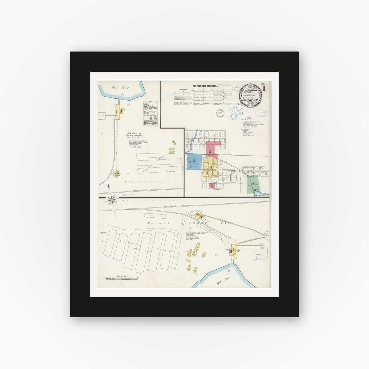 Old map wall art mockup — black gallery frame with white mat — Sanborn Fire Insurance Map from Iron River, Bayfield County, Wisconsin (1898) - Complete Map Set