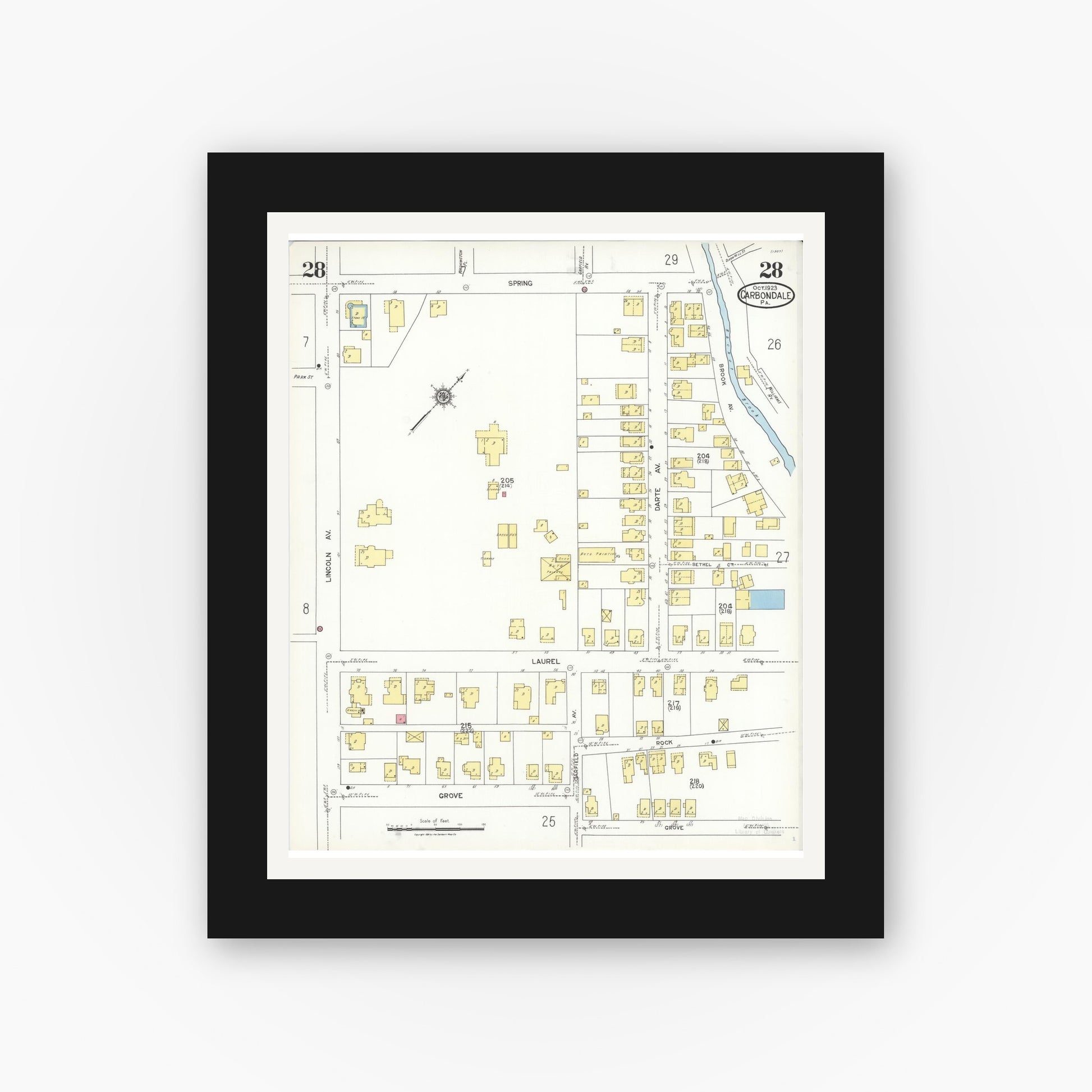Old map wall art mockup — black gallery frame with white mat — Sanborn Fire Insurance Map from Carbondale, Lackawanna County, Pennsylvania (1923), Sheet #0028