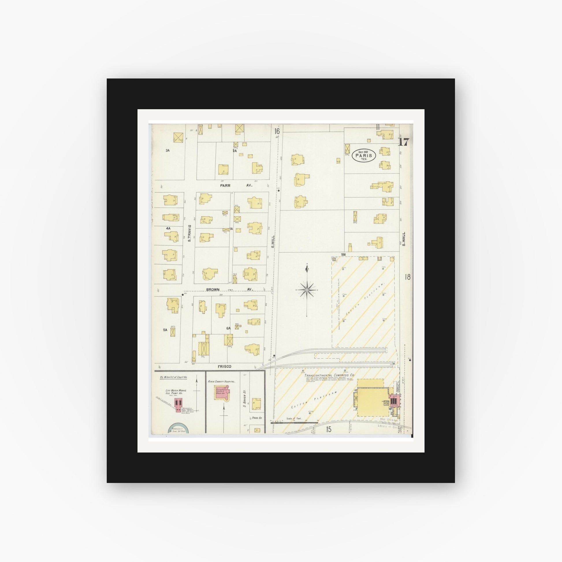 Old map wall art mockup — black gallery frame with white mat — Sanborn Fire Insurance Map from Paris, Lamar County, Texas (1902), Sheet #0017