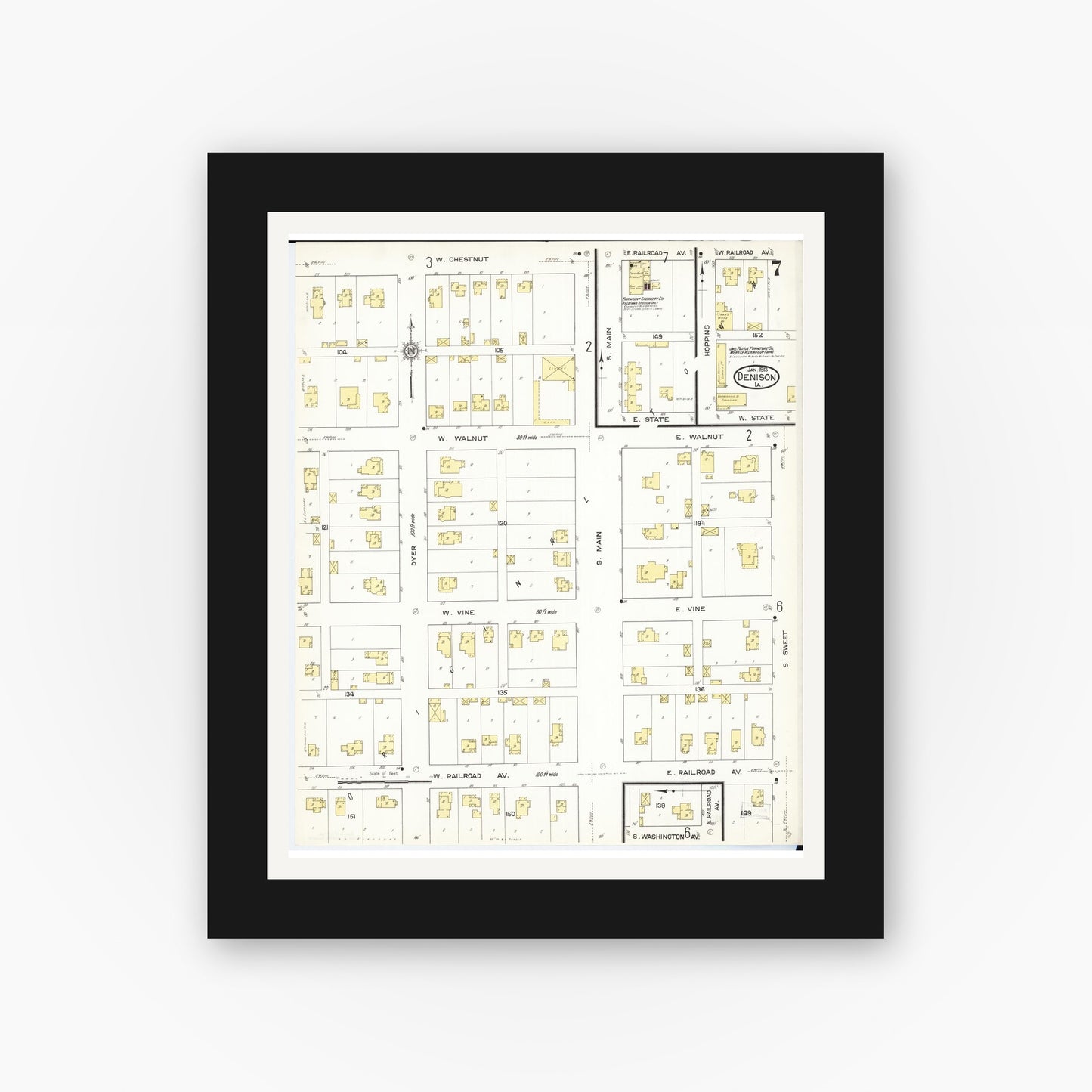 Old map wall art mockup — black gallery frame with white mat — Sanborn Fire Insurance Map from Denison, Crawford County, Iowa (1913), Sheet #0007