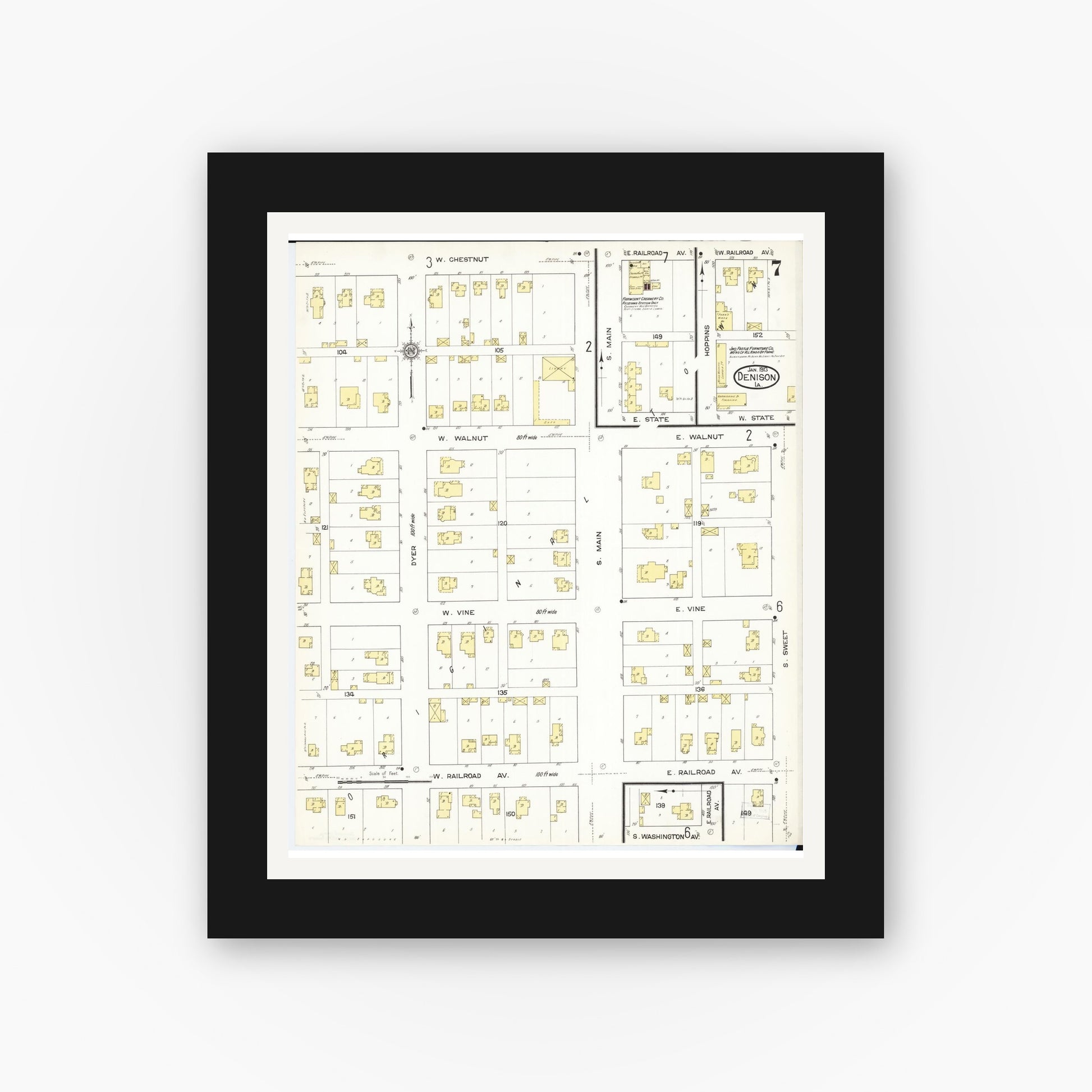 Old map wall art mockup — black gallery frame with white mat — Sanborn Fire Insurance Map from Denison, Crawford County, Iowa (1913), Sheet #0007