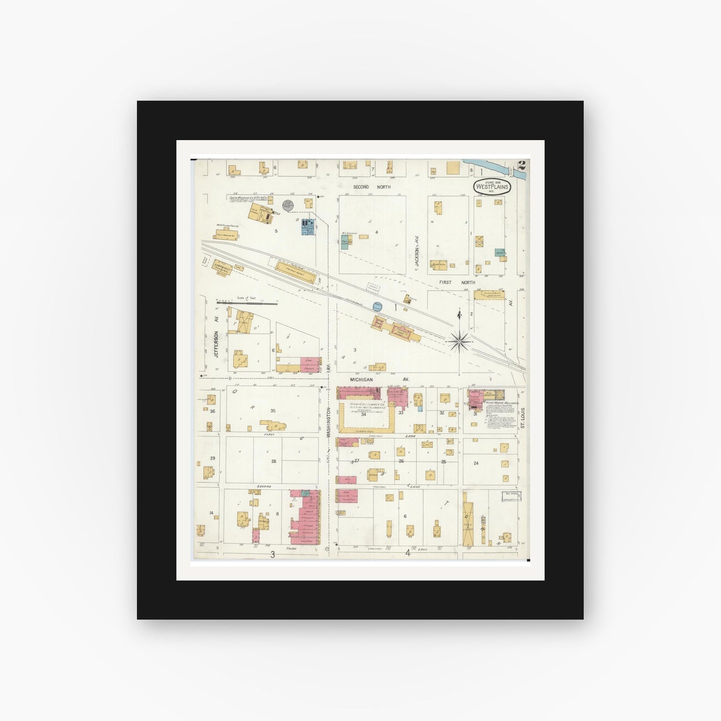 Old map wall art mockup — black gallery frame with white mat — Sanborn Fire Insurance Map from West Plains, Howell County, Missouri (1906), Sheet #0002