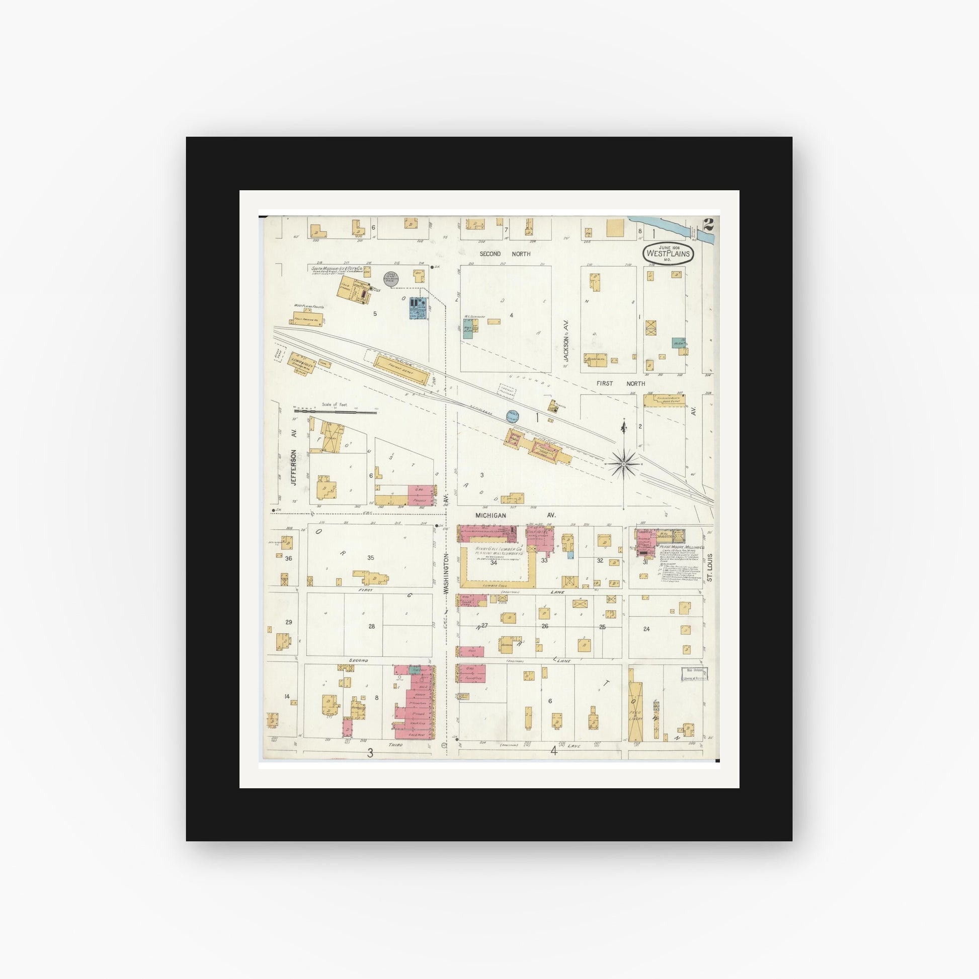 Old map wall art mockup — black gallery frame with white mat — Sanborn Fire Insurance Map from West Plains, Howell County, Missouri (1906), Sheet #0002