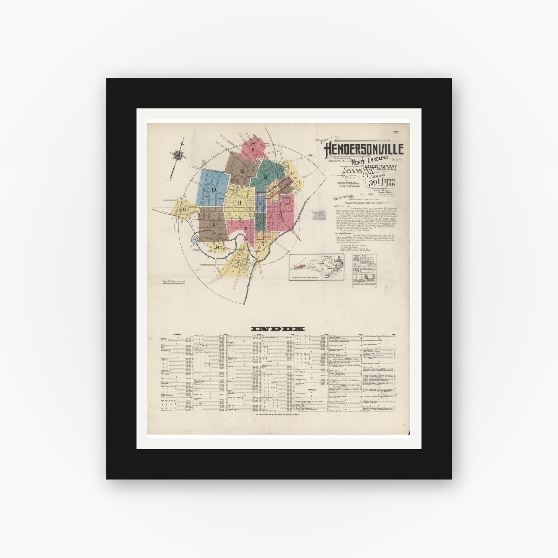 Old map wall art mockup — black gallery frame with white mat — Sanborn Fire Insurance Map from Hendersonville, Henderson County, North Carolina (1922), Sheet #0001