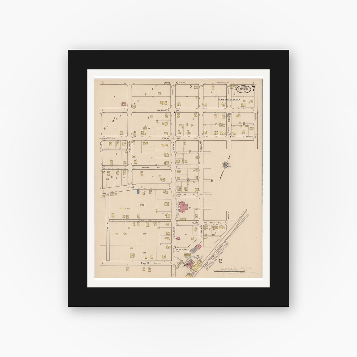 Old map wall art mockup — black gallery frame with white mat — Sanborn Fire Insurance Map from Lufkin, Angelina County, Texas (1922), Sheet #0007