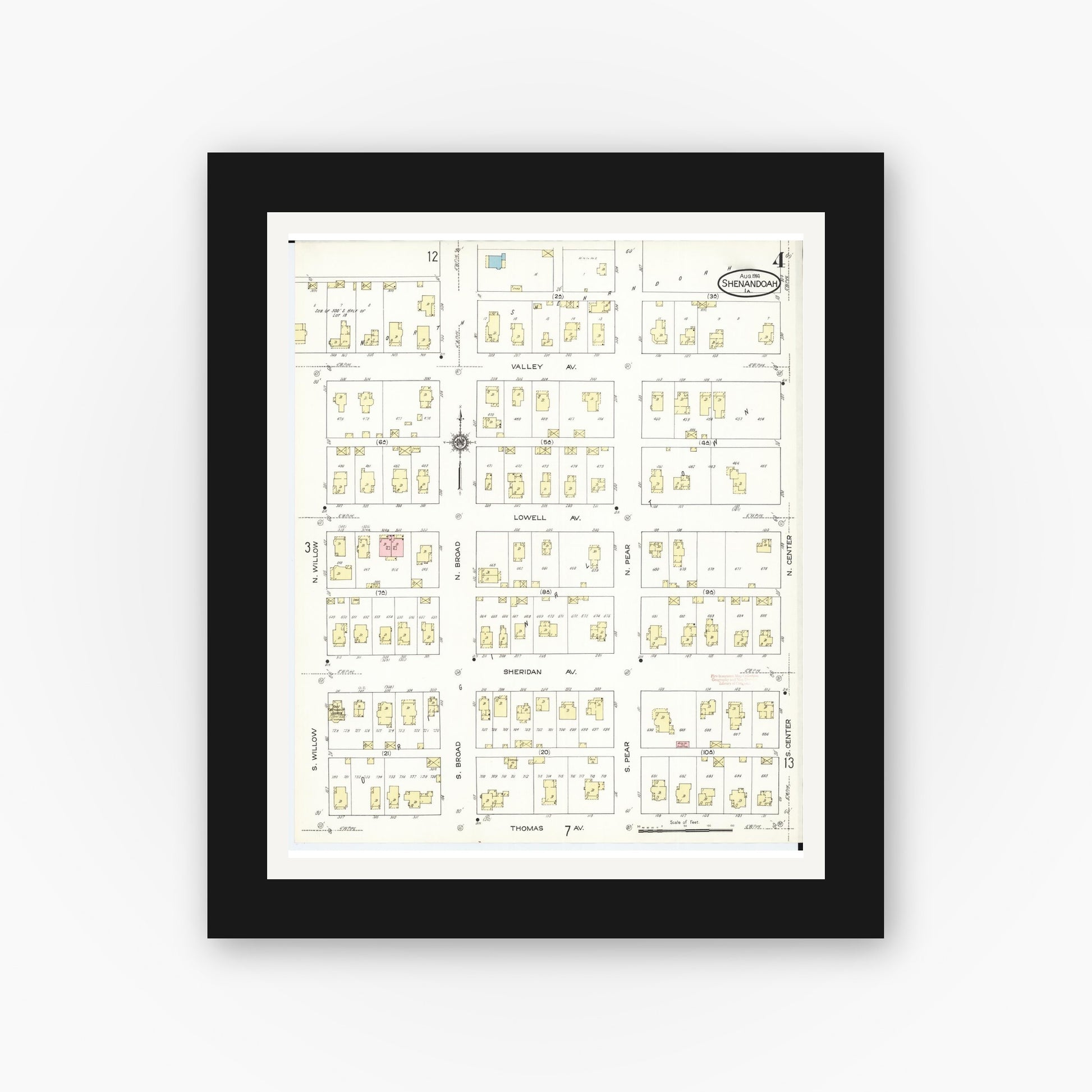 Old map wall art mockup — black gallery frame with white mat — Sanborn Fire Insurance Map from Shenandoah, Page County, Iowa (1914), Sheet #0004