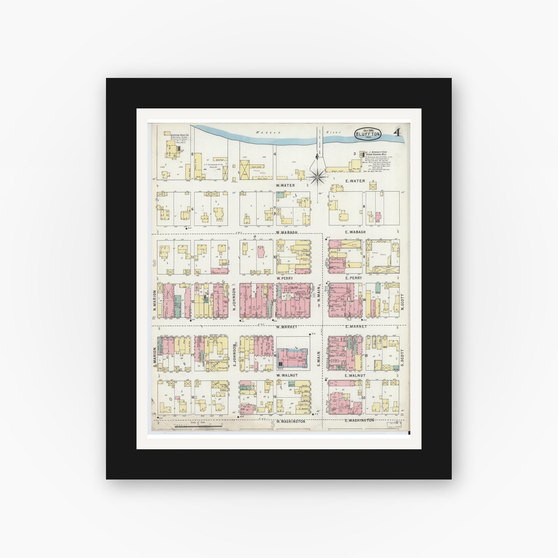 Old map wall art mockup — black gallery frame with white mat — Sanborn Fire Insurance Map from Bluffton, Wells County, Indiana (1895), Sheet #0004