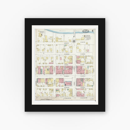 Old map wall art mockup — black gallery frame with white mat — Sanborn Fire Insurance Map from Bluffton, Wells County, Indiana (1895), Sheet #0004