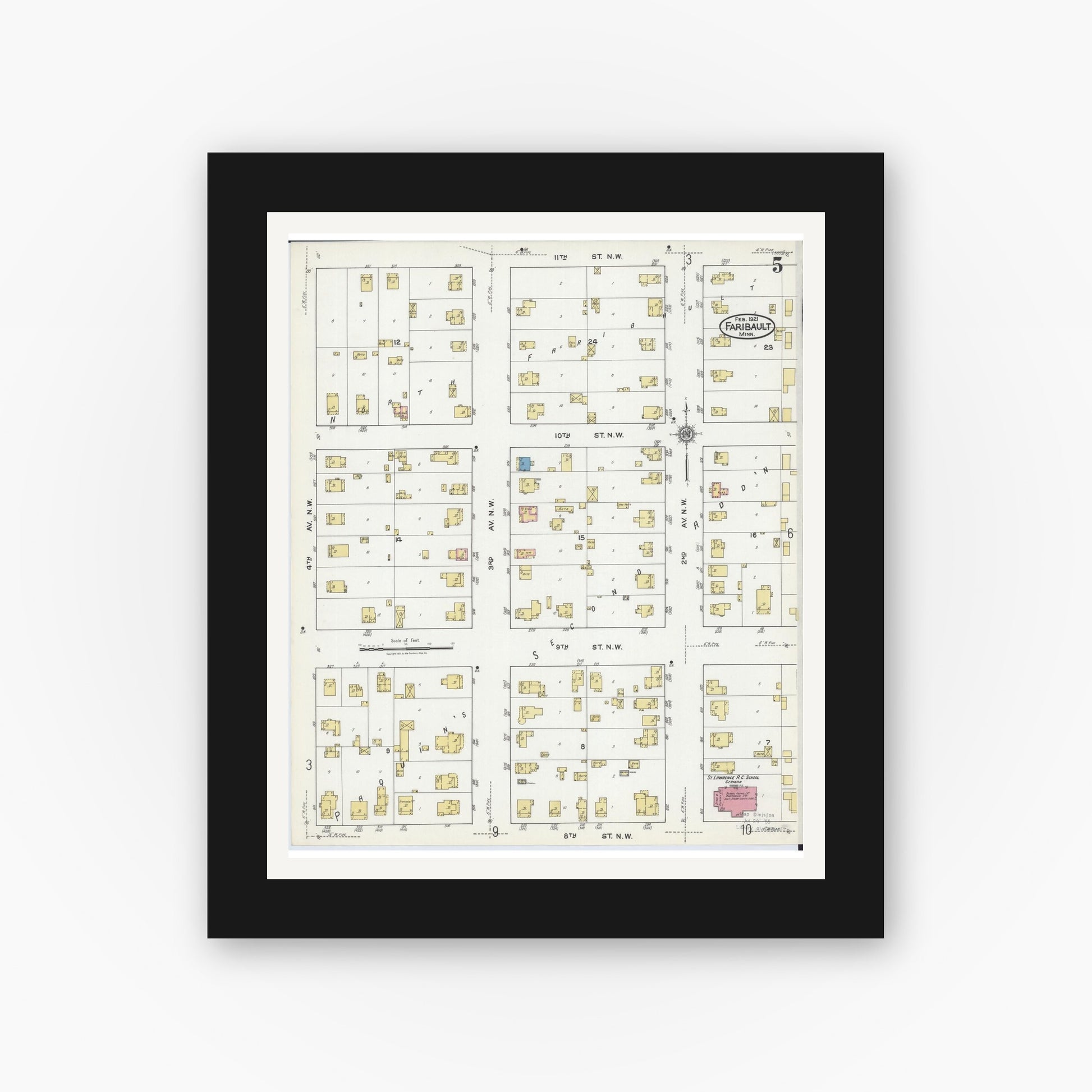 Old map wall art mockup — black gallery frame with white mat — Sanborn Fire Insurance Map from Faribault, Rice County, Minnesota (1921), Sheet #0005