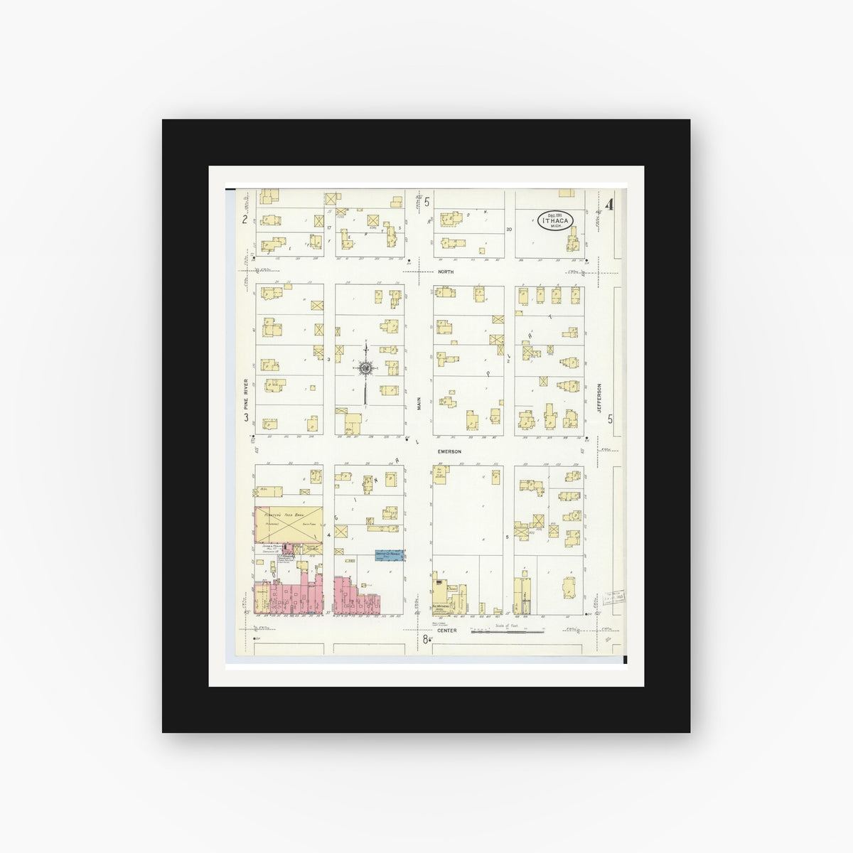 Old map wall art mockup — black gallery frame with white mat — Sanborn Fire Insurance Map from Ithaca, Gratiot County, Michigan (1911), Sheet #0004