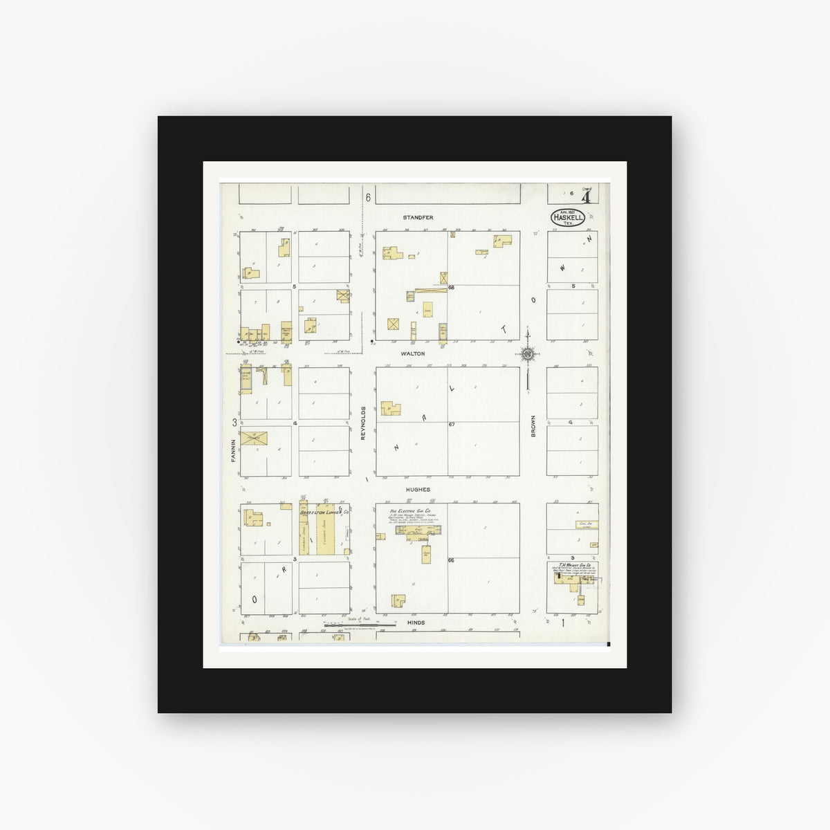 Old map wall art mockup — black gallery frame with white mat — Sanborn Fire Insurance Map from Haskell, Haskell County, Texas (1921), Sheet #0004