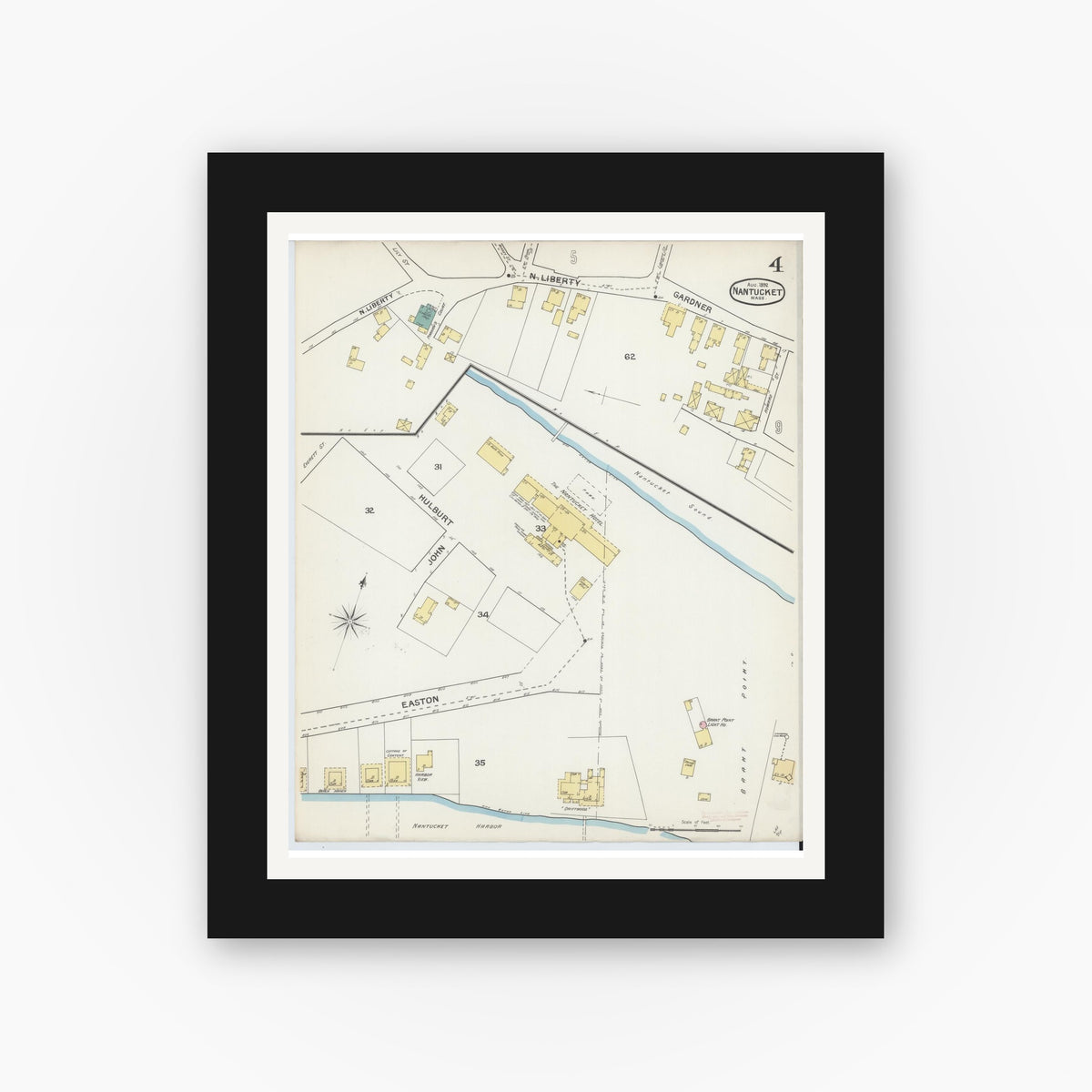 Old map wall art mockup — black gallery frame with white mat — Sanborn Fire Insurance Map from Nantucket, Nantucket County, Massachusetts (1892), Sheet #0004