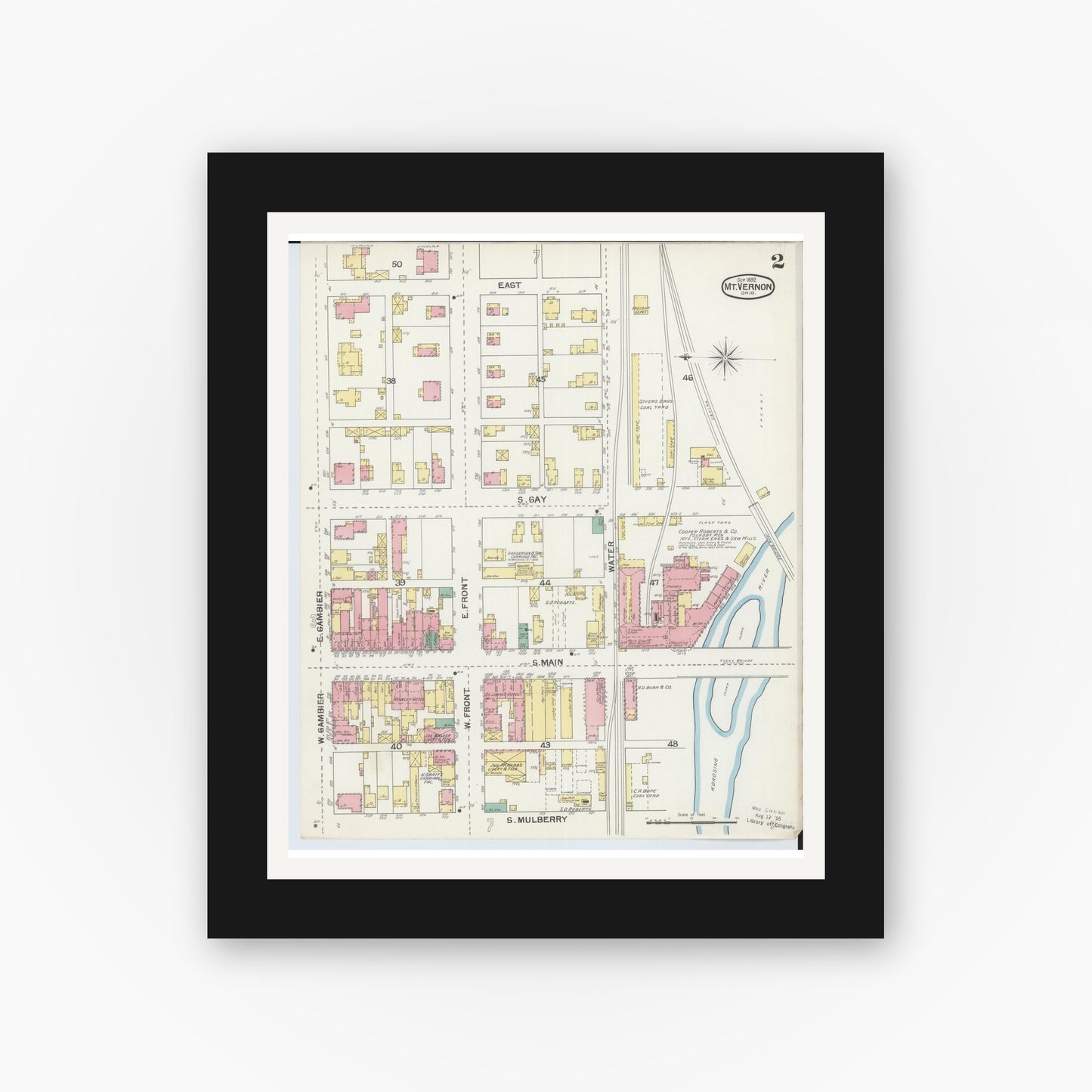 Old map wall art mockup — black gallery frame with white mat — Sanborn Fire Insurance Map from Mount Vernon, Knox County, Ohio (1892), Sheet #0002