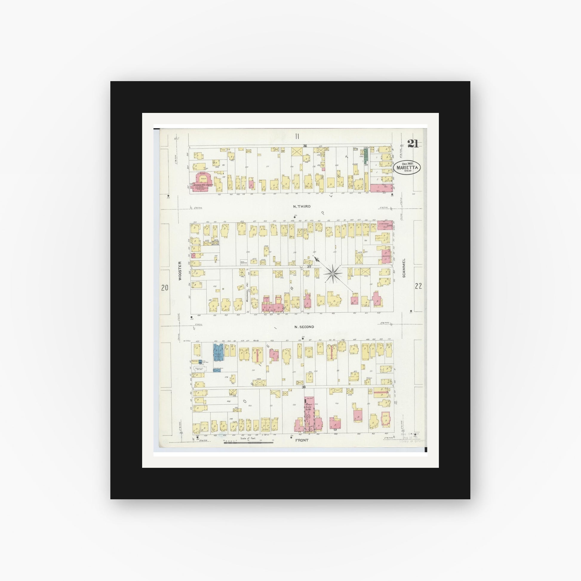 Old map wall art mockup — black gallery frame with white mat — Sanborn Fire Insurance Map from Marietta, Washington County, Ohio (1907), Sheet #0021