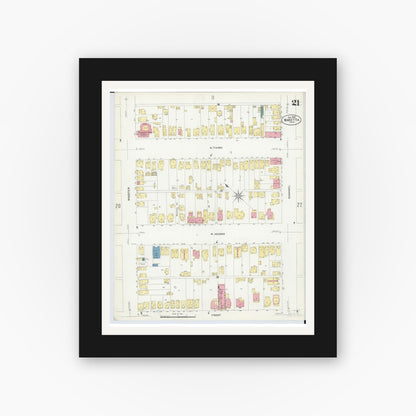 Old map wall art mockup — black gallery frame with white mat — Sanborn Fire Insurance Map from Marietta, Washington County, Ohio (1907), Sheet #0021