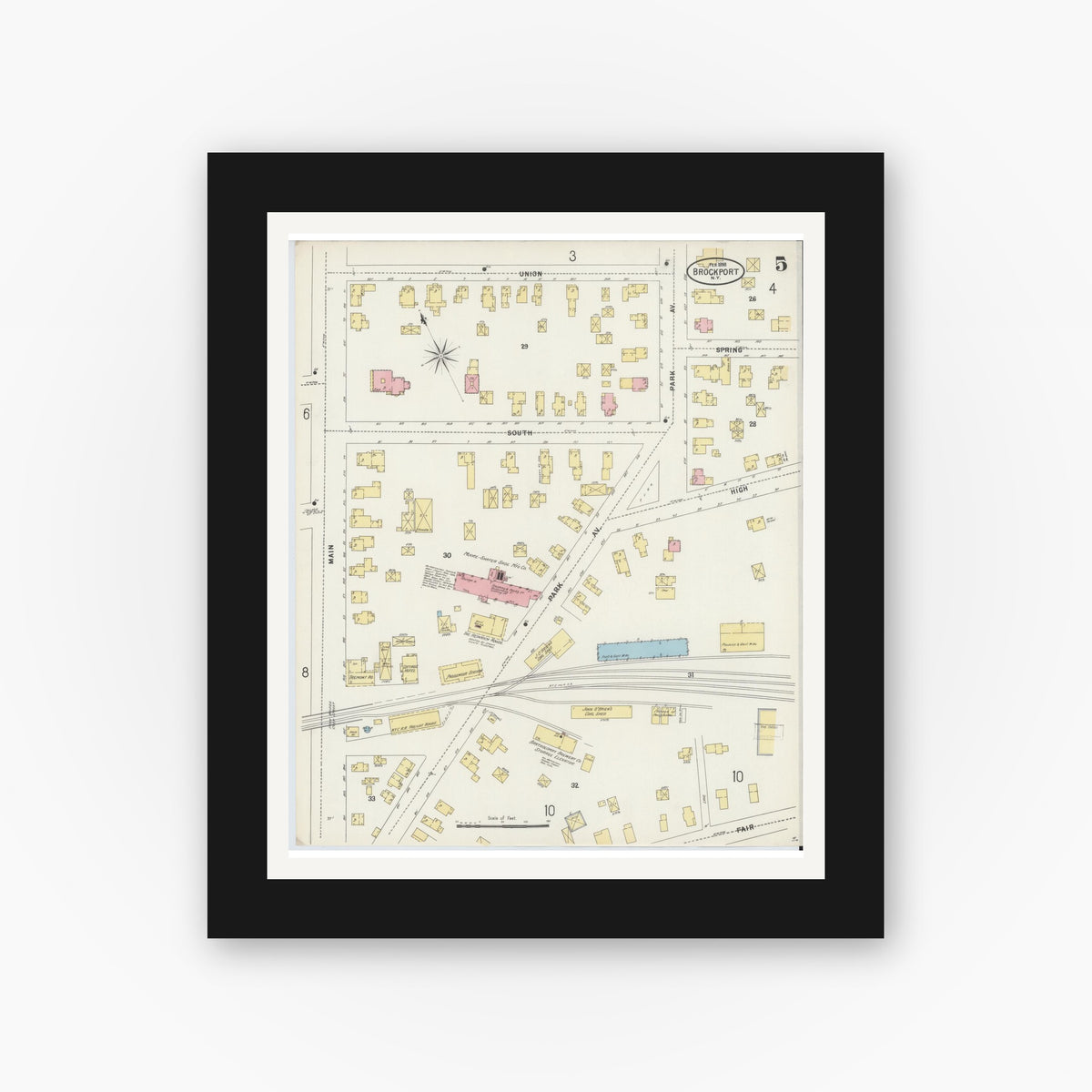 Old map wall art mockup — black gallery frame with white mat — Sanborn Fire Insurance Map from Brockport, Monroe County, New York (1898), Sheet #0005
